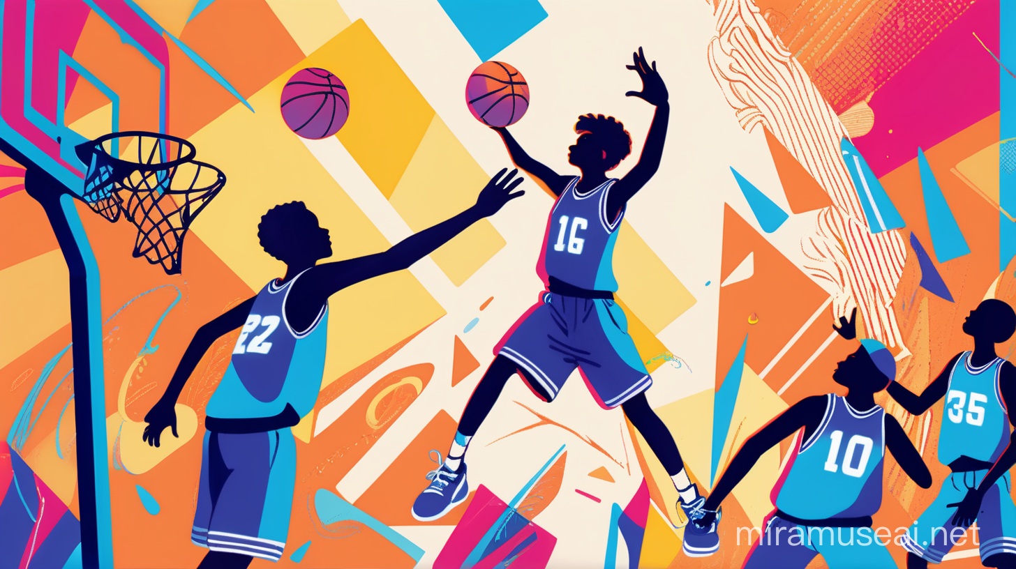Basketball game, energetic teenager, color block illustration, colorful and vibrant