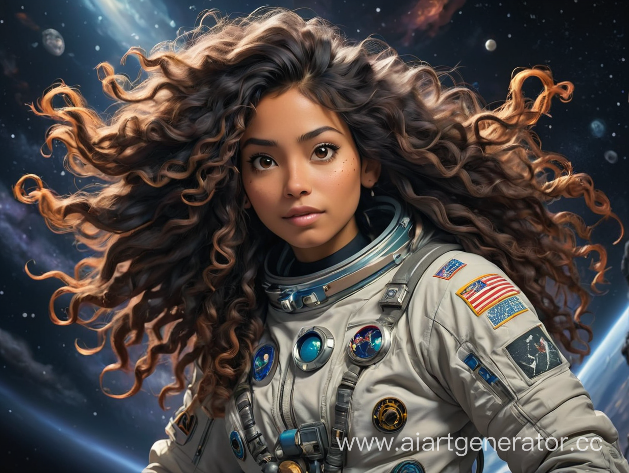 Tattooed native American Female astronaut with long curly hair floating in deep space