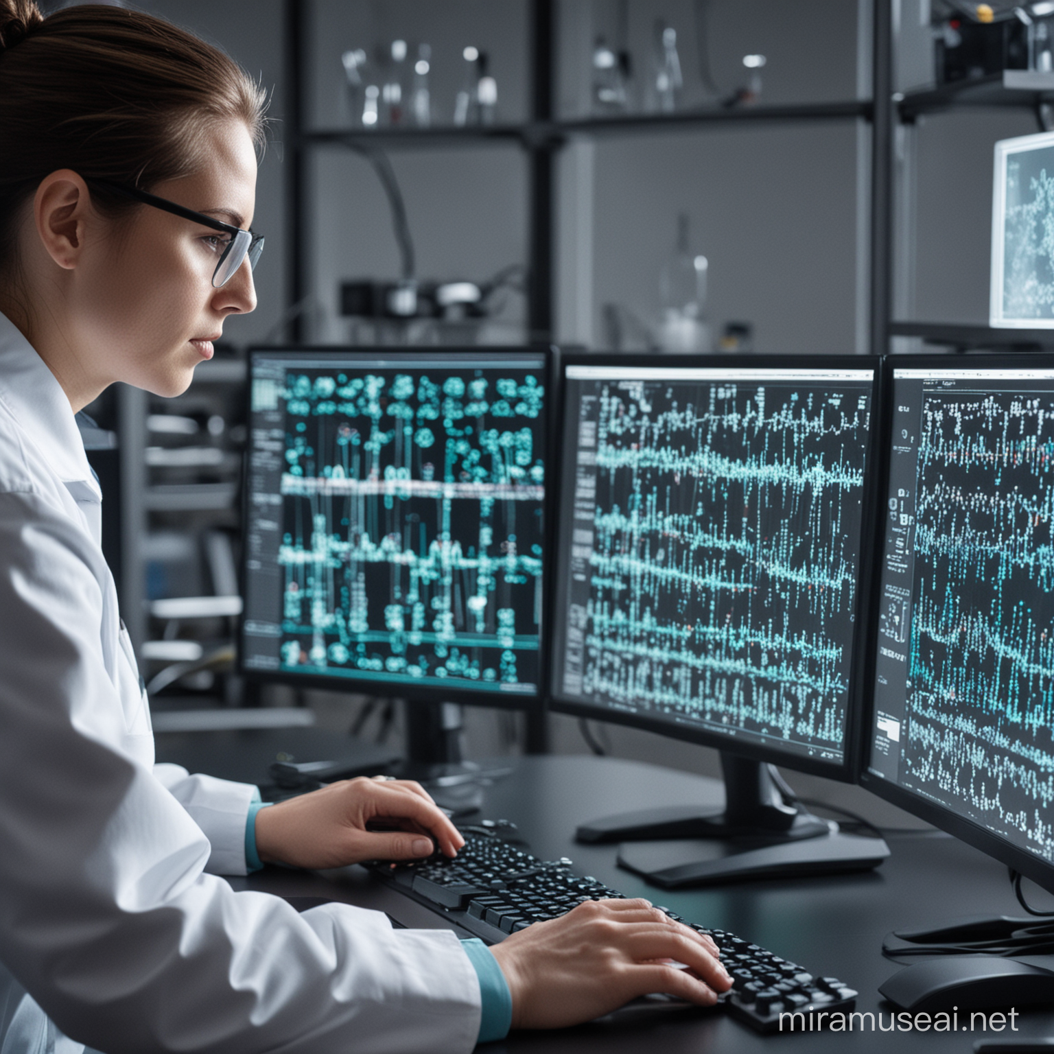 picture of a research scientist working at a PC with molecular science graphics on the screen
