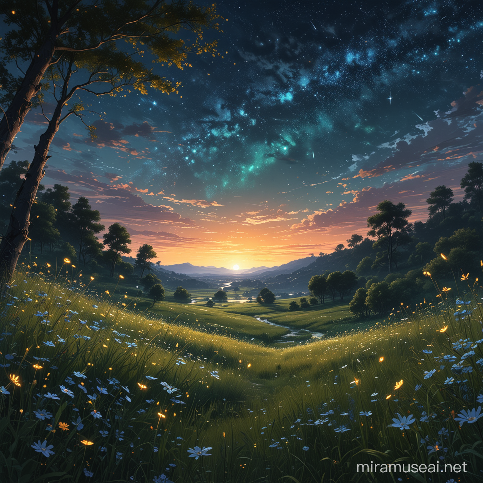 view from the grass of majestic night dark sky and stars, dark night in countruside, light only from fireflies, vibrant of variant flowers meadow, fireflies fly on sky,  ultra detailed, high resolution, best composition, illustration, acrylic palette knife, makoto shinkai style, Codex_401 style, mystical, Mystica_meta style, ghibli vibes, ultra detailed, render, stable diffusion, trending pixiv fanbox, --ar MJ V 6.0 , photo view from eye sight. 