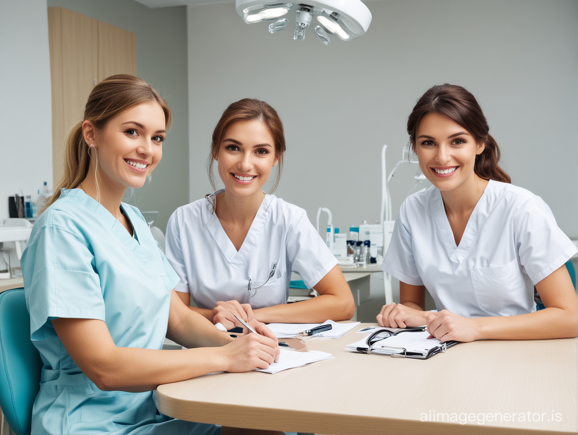 DENTISTRY TEAM DOCTORS AND NURSES. 4 PEOPLE AT A TABLE, IN AN OFFICE