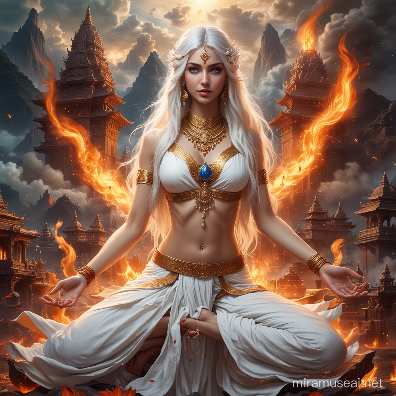 Divine Hindu Empress in Lotus Combat Amidst Fire and Demonic Goddesses