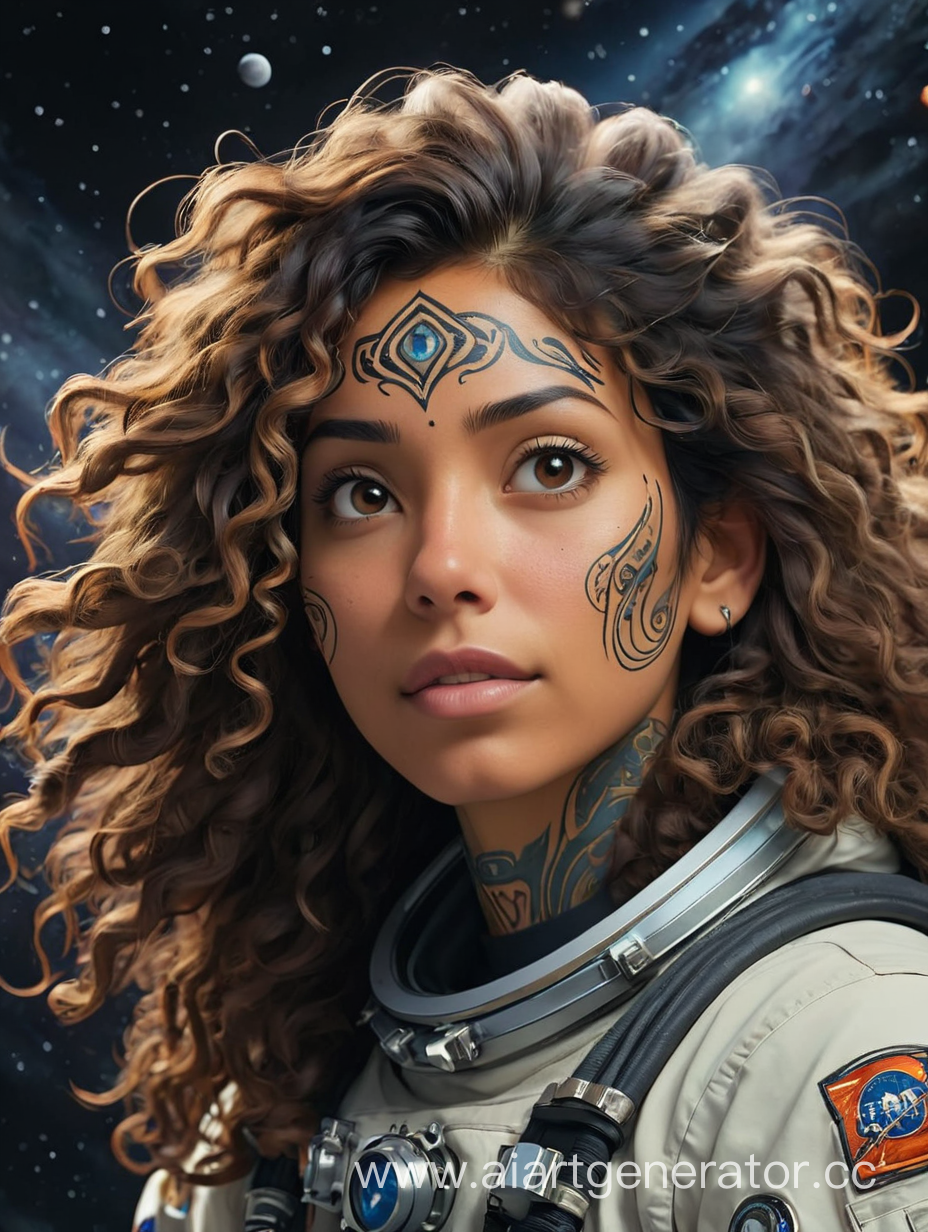 Face Tattooed native American Female astronaut with long curly hair floating in deep space