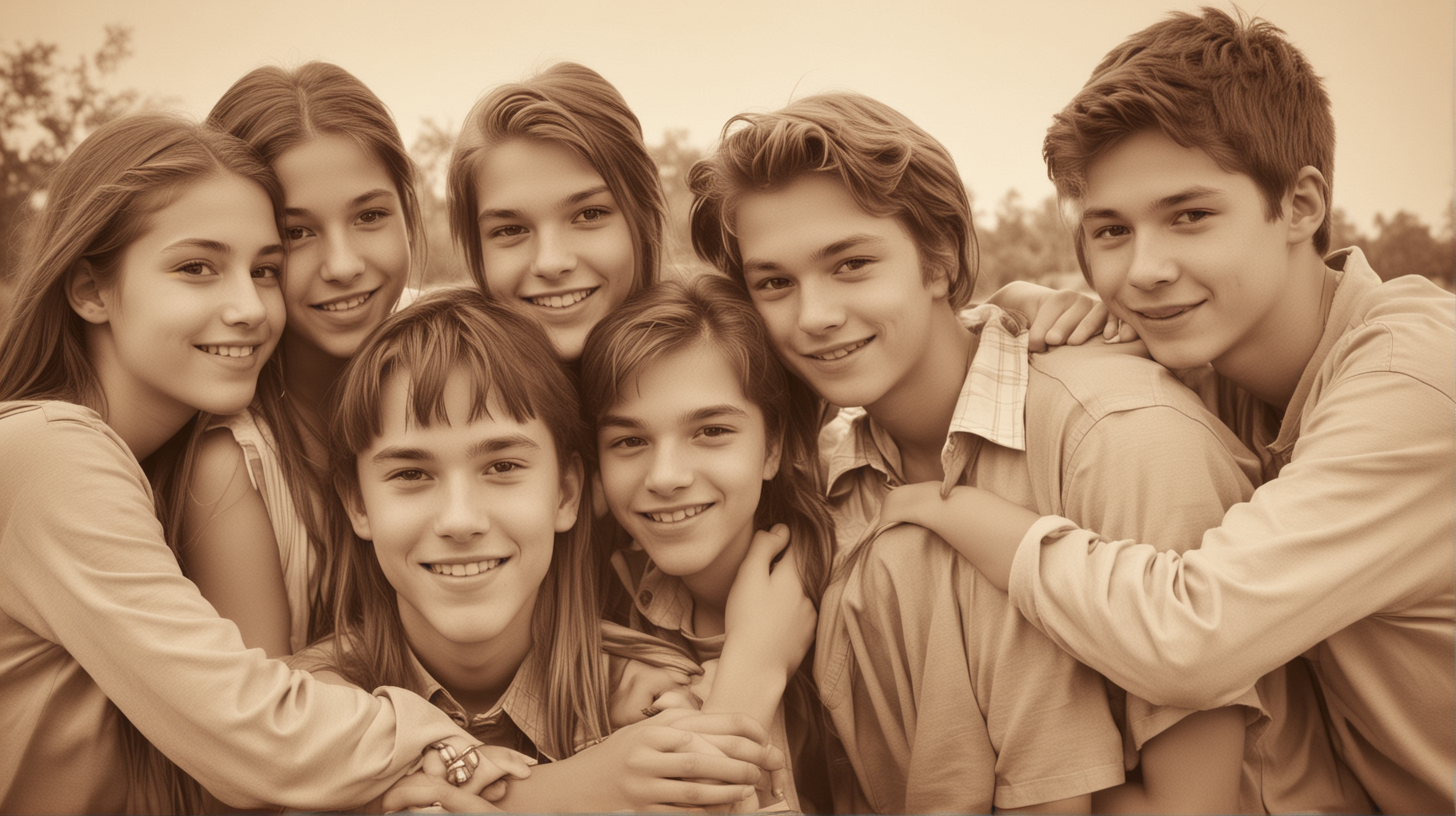 Teenage Love Group of Three Teen Boys and Four Teen Girls in Sepia Tone