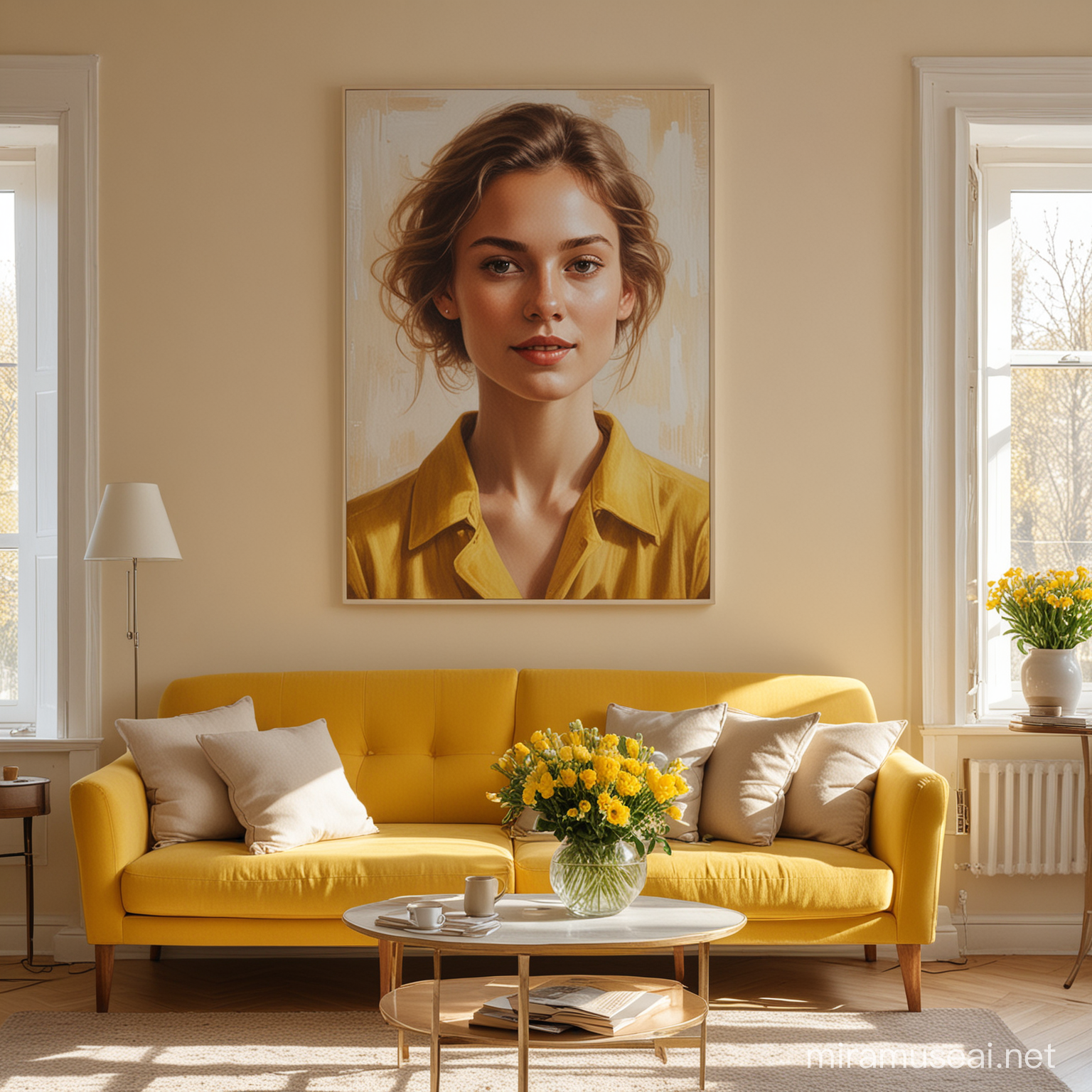 Ein helles Wohnzimmer im Sonnenlicht in gelb, beige, ein Kunstwerk mit einem Portrait hängt an der Wand hinter dem Sofa. Blumen sind auf dem Tisch, Licht und Schatten