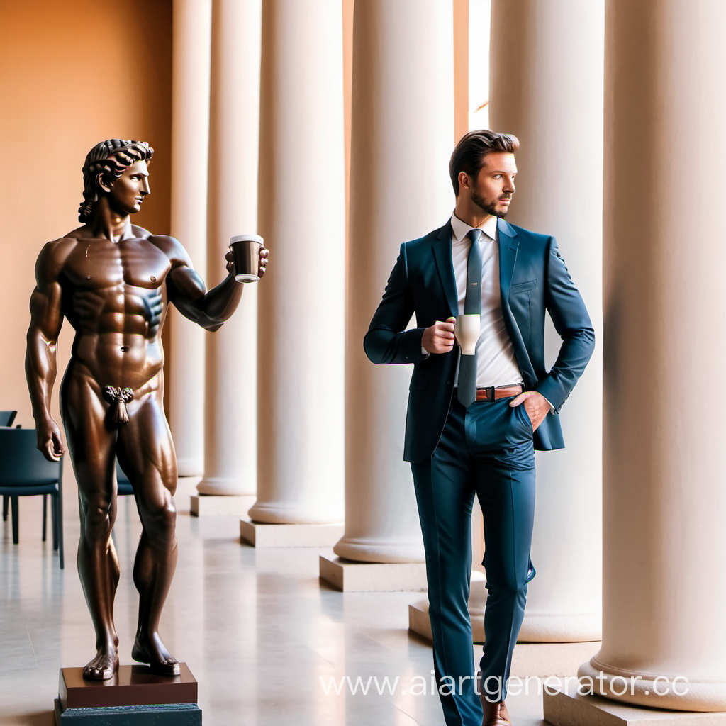 античная статуя давида в деловом офисном мужском костюме в полный рост  держит стакан кофе Nescafe а сзади античные колонны