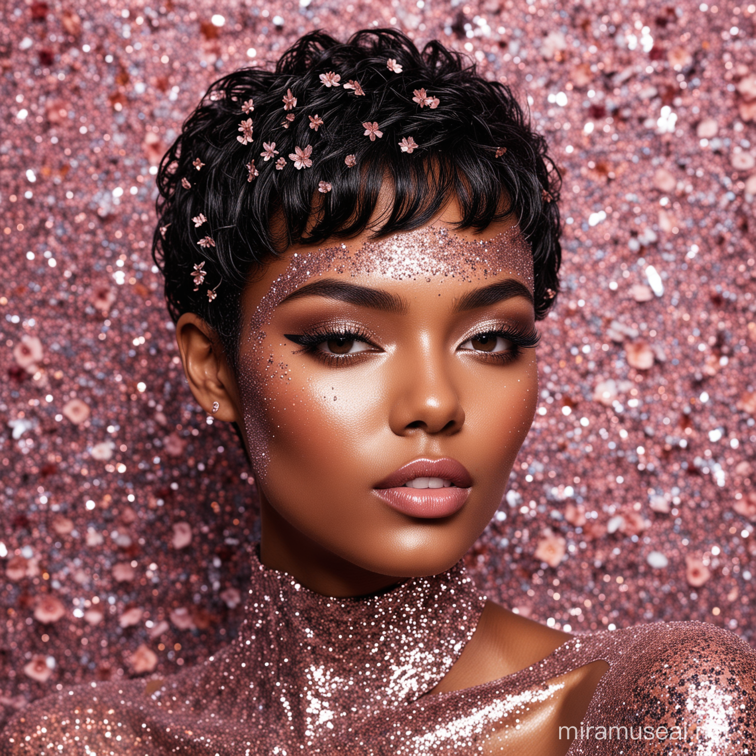 black model, short hair, beauty shot, covered in glitter, flowers, flawless skin tone