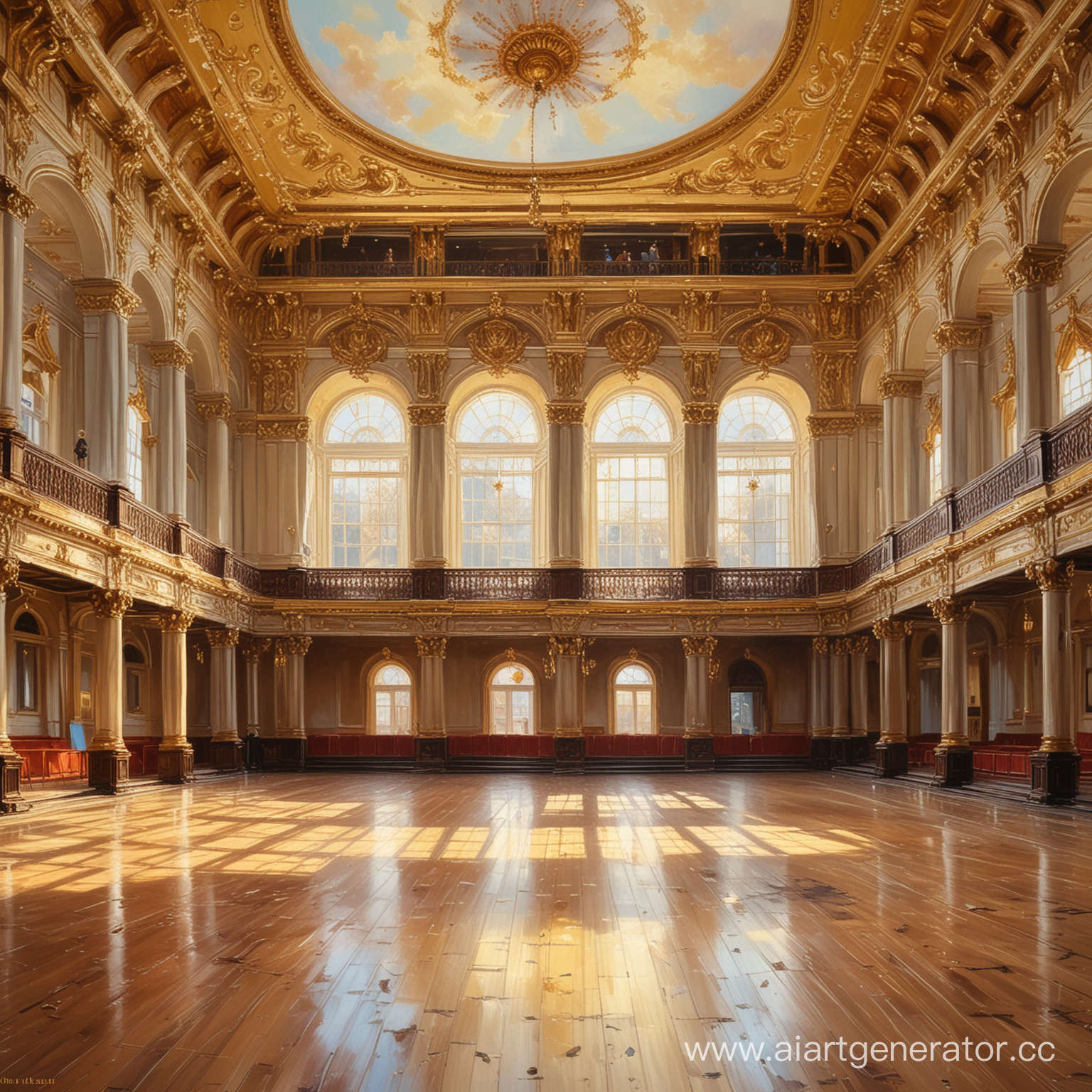 Detailed oil painting: sunny wide bright royal hall.