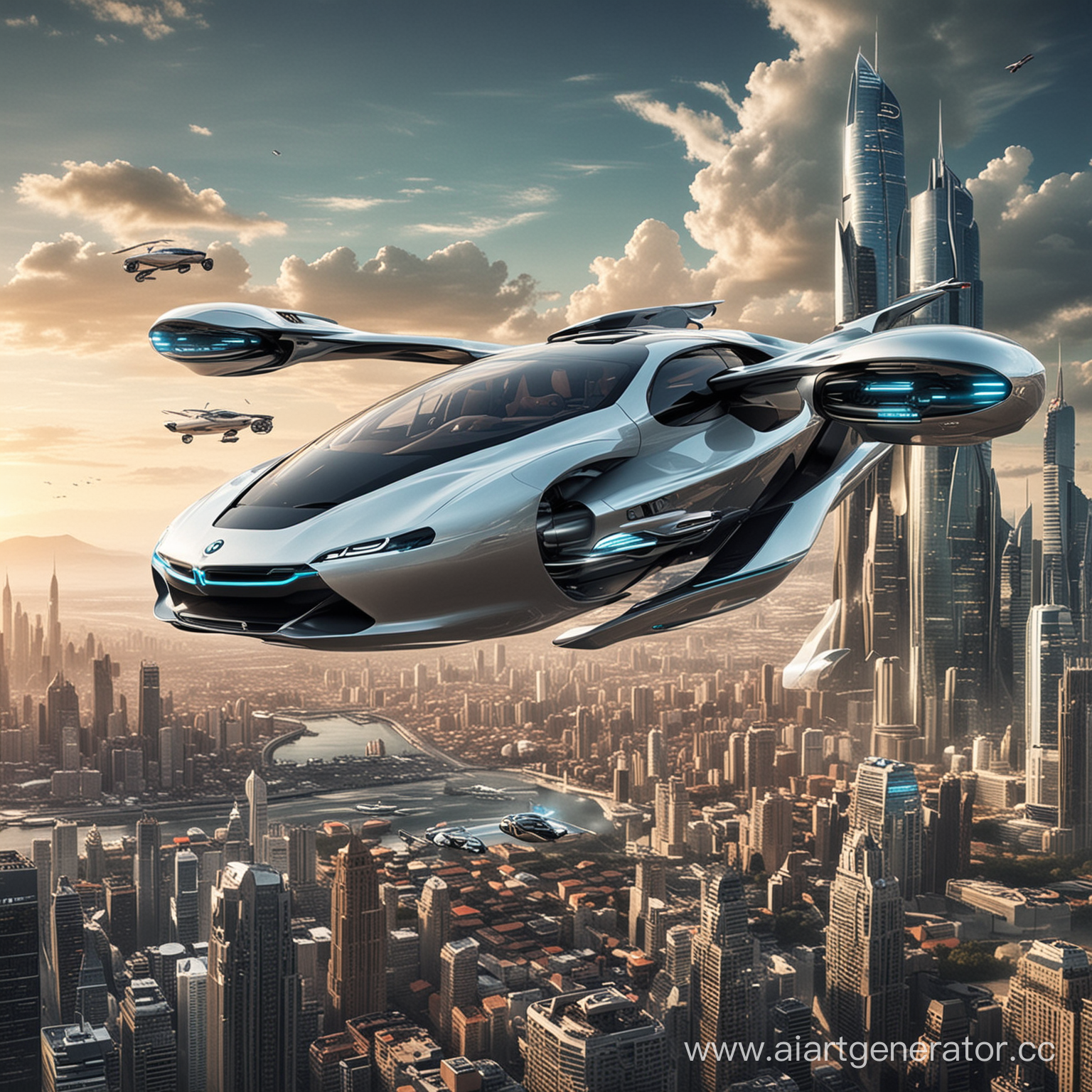 город будущего с летающими машинами bmw и mercedes