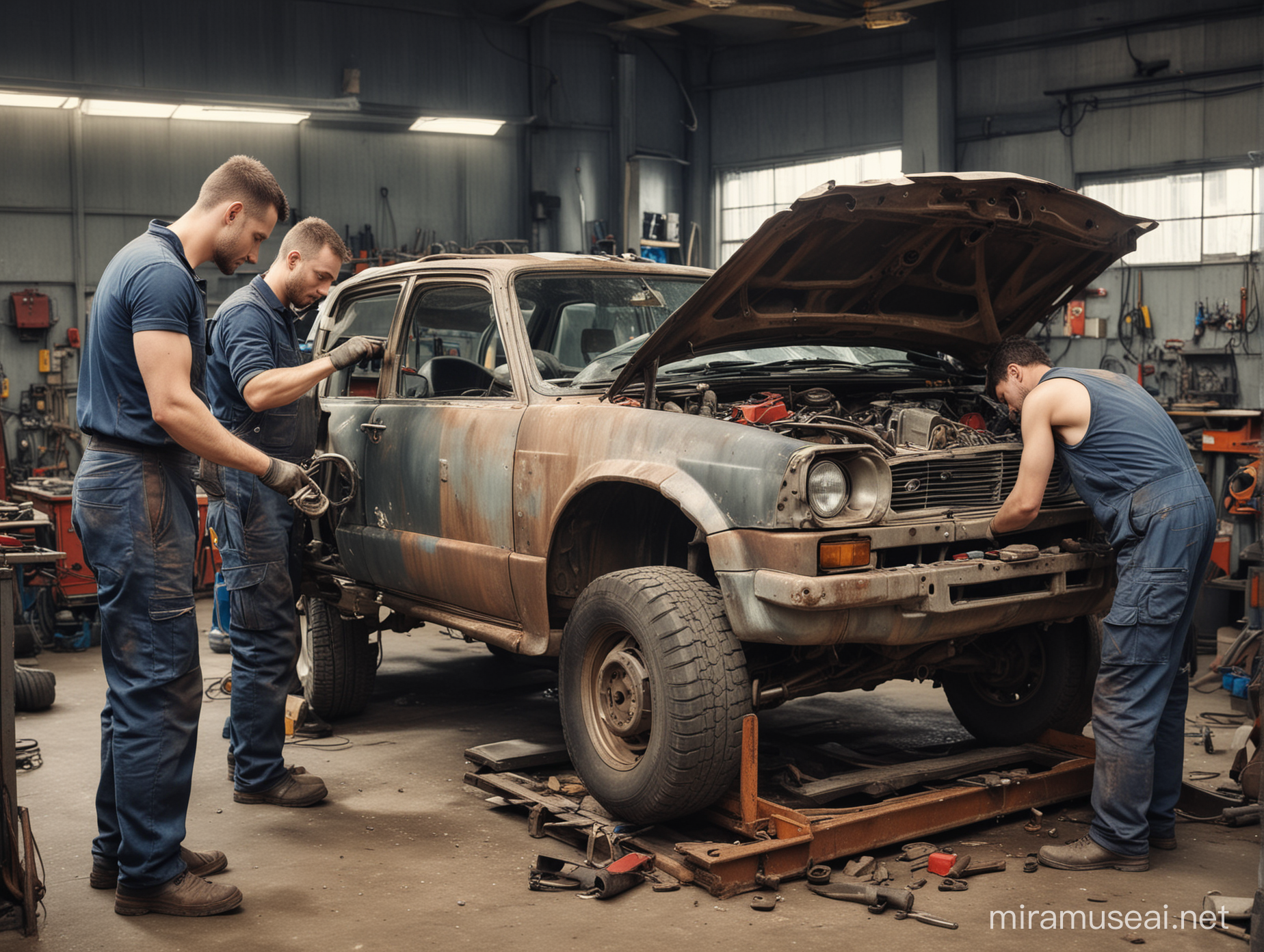 Hombres mecánicos reparando un automóvil descompuesto en taller.