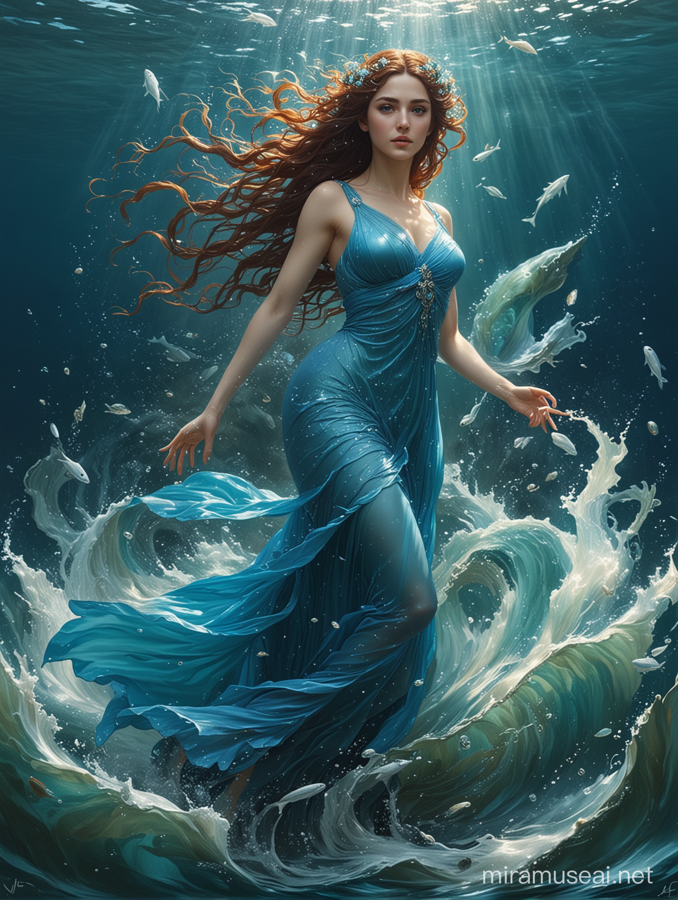 A masterpieced of Kimiya Hosseini as Leucothea, Greek goddess of the sea. She is under the sea, and her blue dress flows ethereally in the water until it mixes with the water until it disappears. She has has blue eyes.