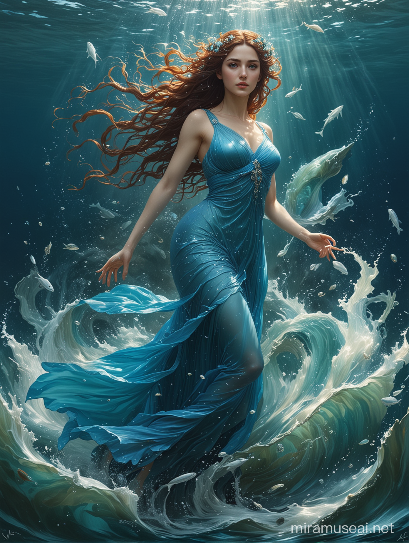 Ethereal Depiction of Leucothea Greek Sea Goddess in Blue