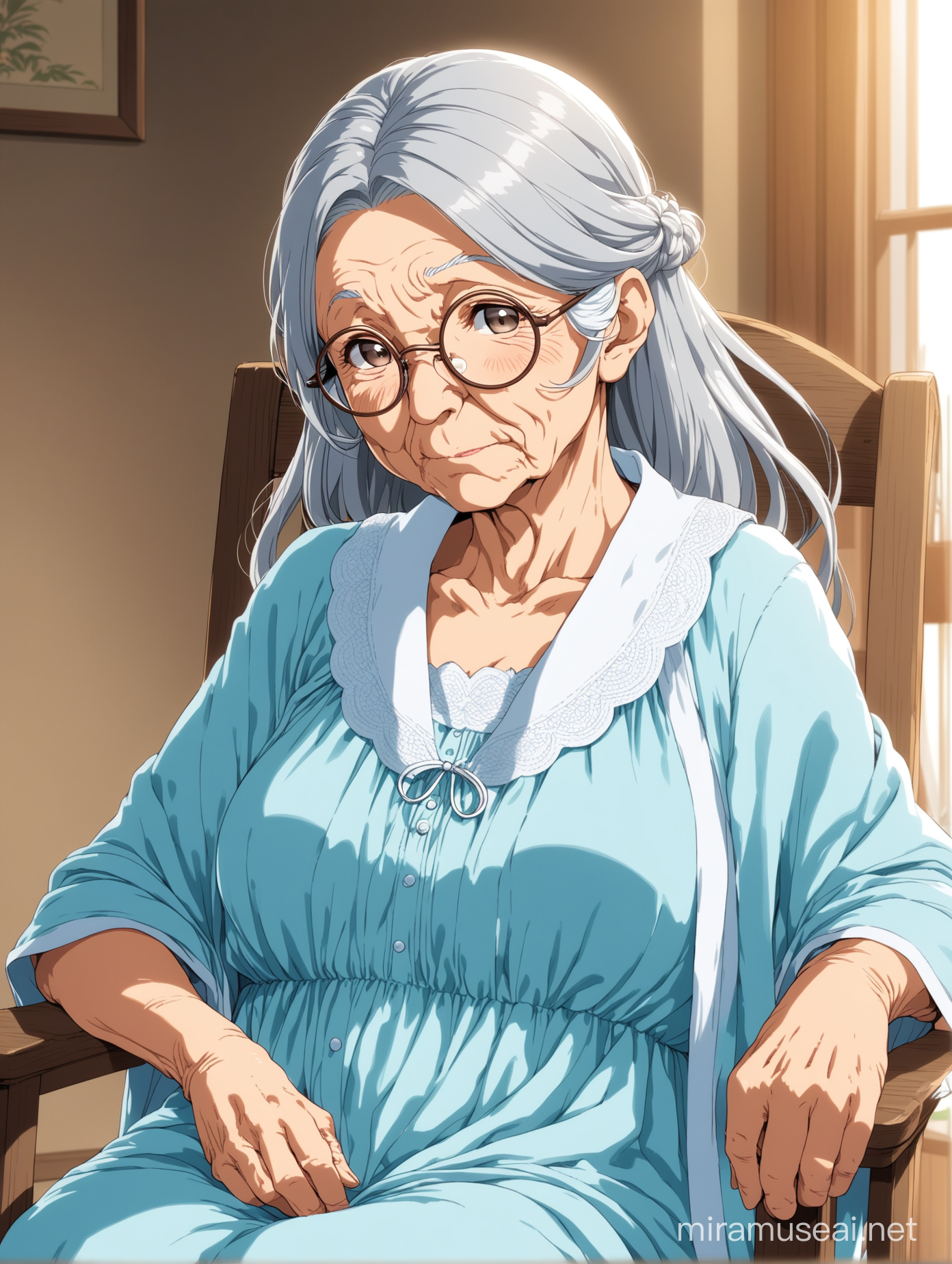 Anime Portrait of Wise Elderly Woman Relaxing on Rocking Chair