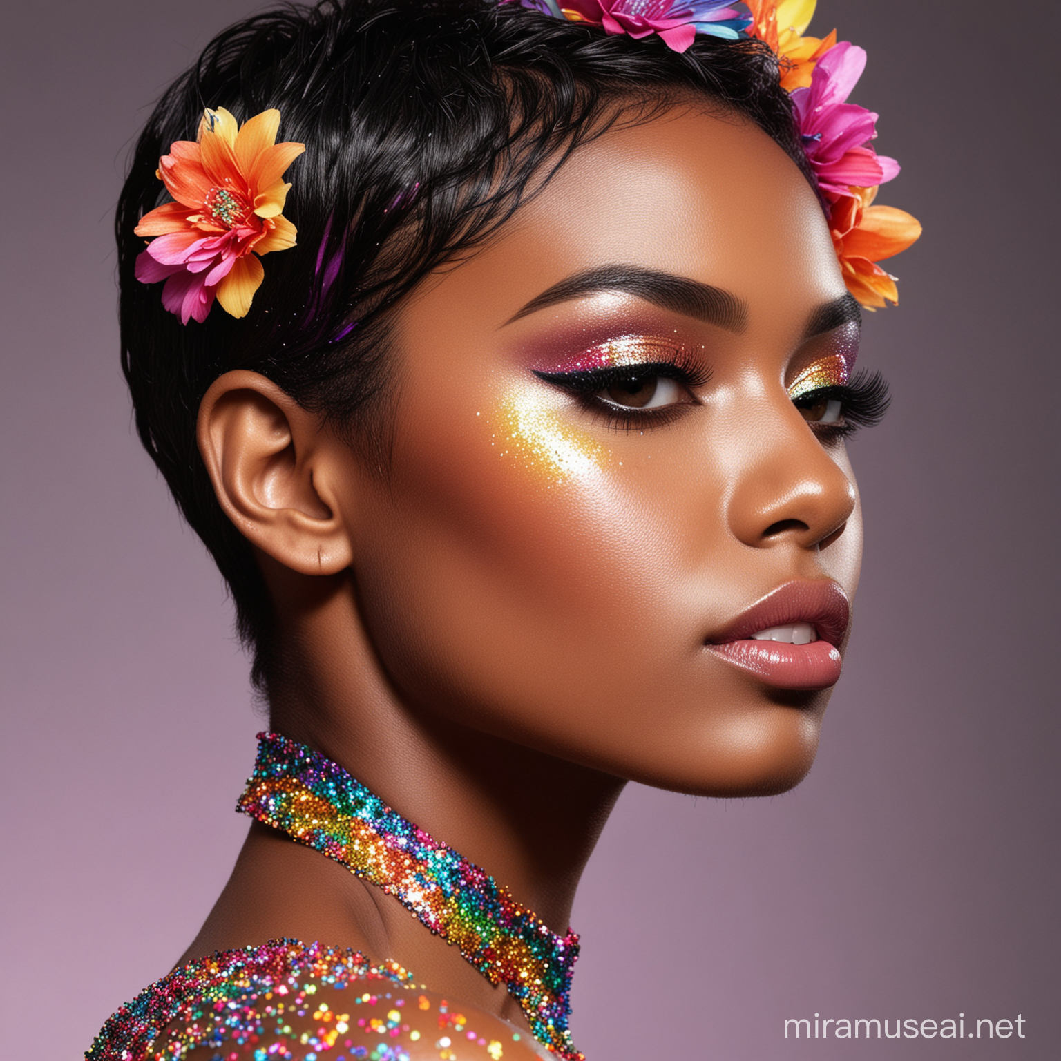 black model, short hair, beauty shot close up, side profile, rainbow colored glitter, big colorful flowers, flawless skin tone
