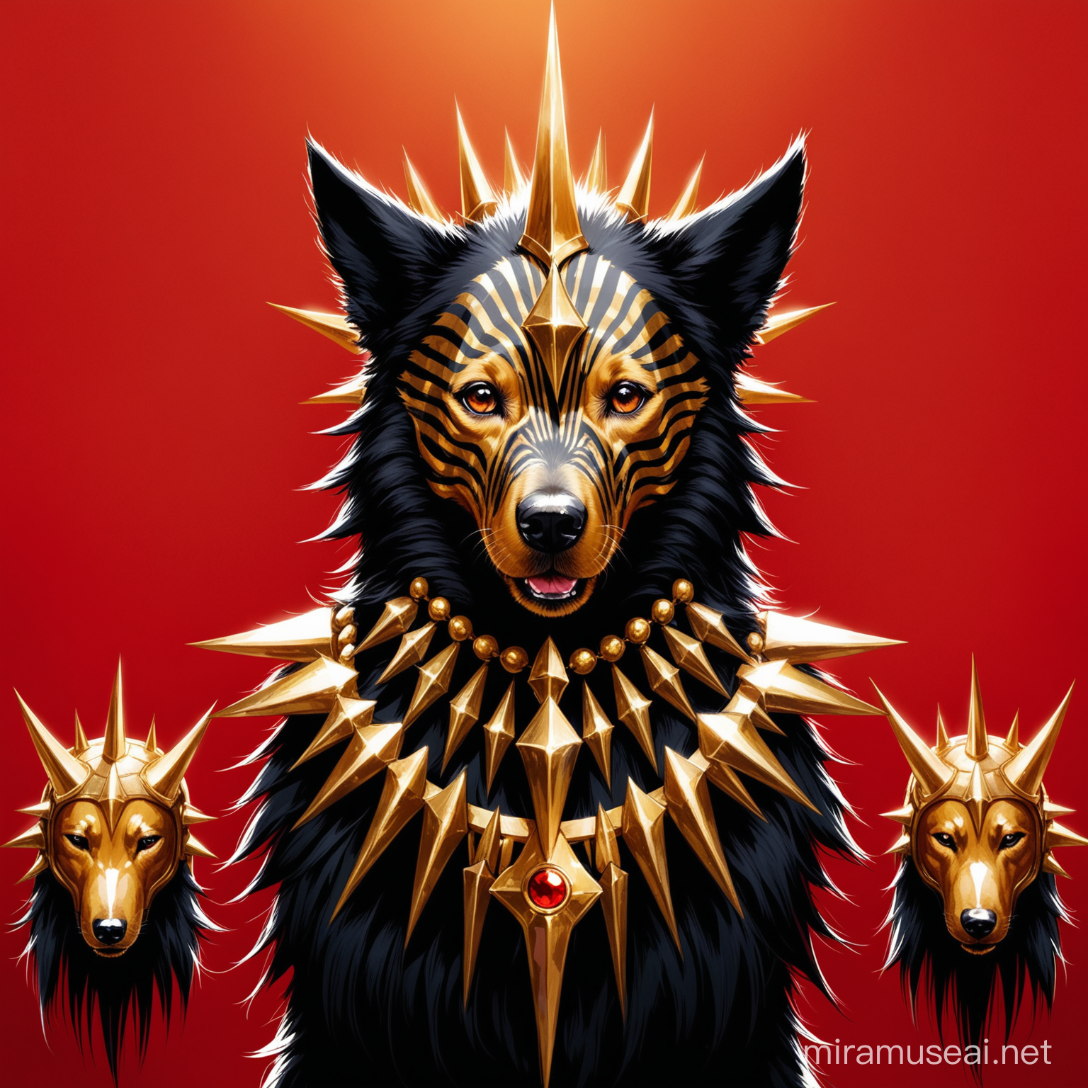 A dog with gold skin and black stripes and three black Dathormir spikes on its head against a background of red colour and motiffs