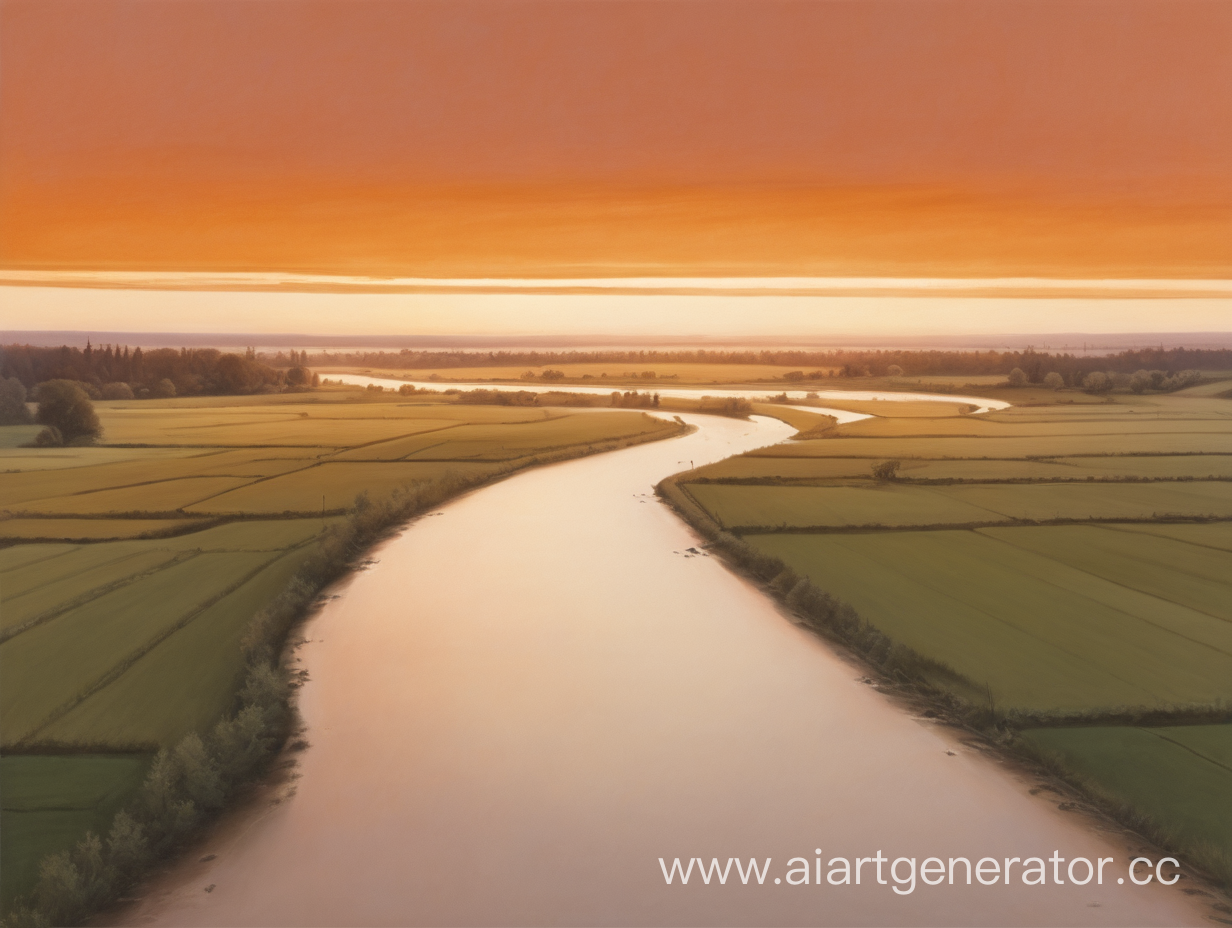 Пейзаж, оранжевое небо, длинная речка идущая от начала до конца, окруженная полями, а в далеке деревья