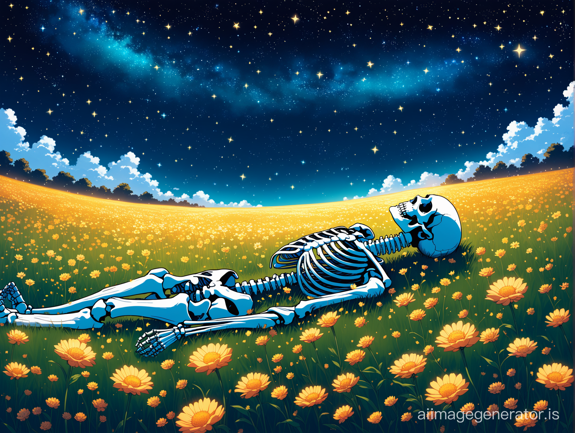 a skeleton man sleeping in a field full of flowers looking at the sky full of stars
