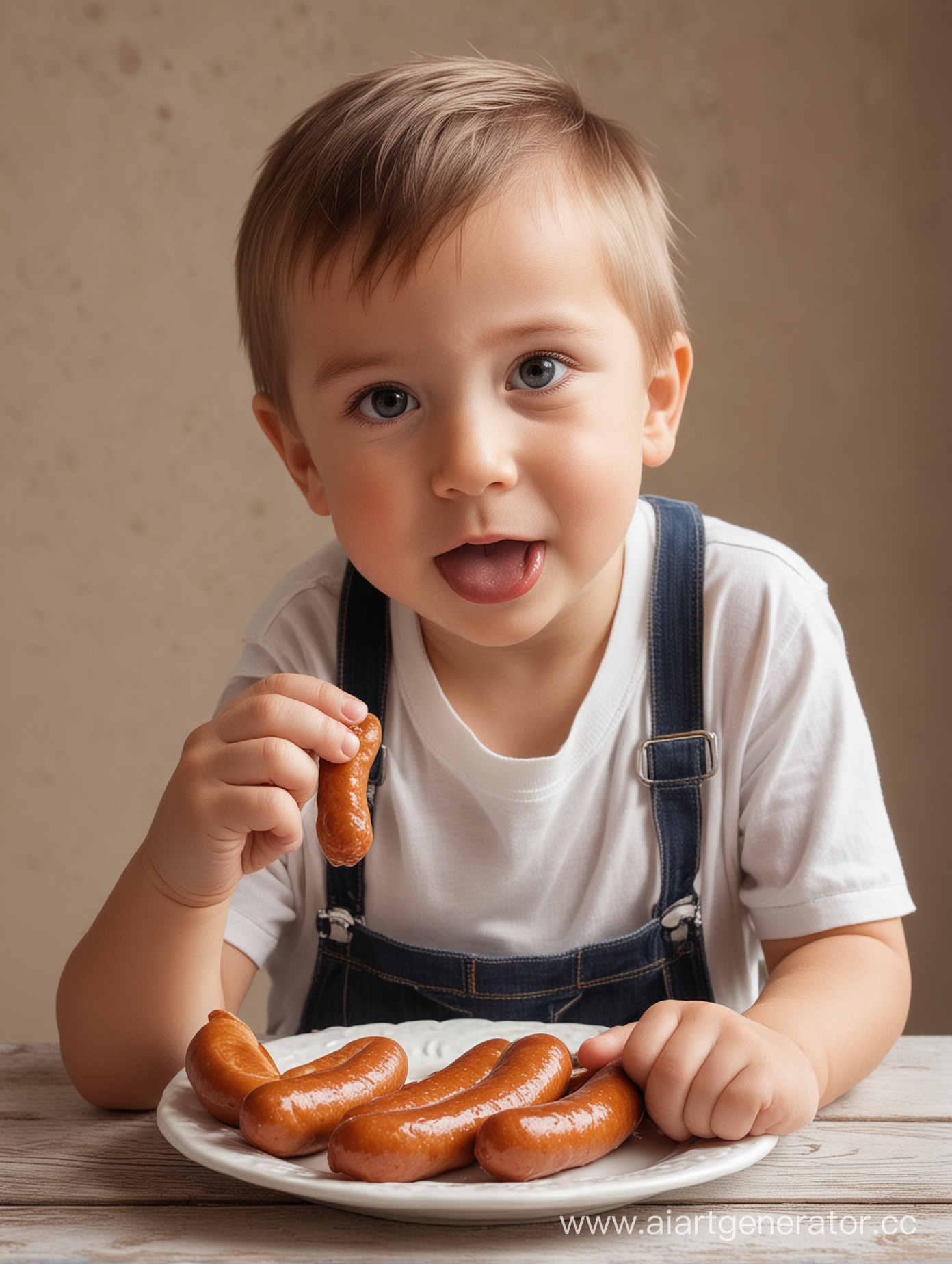 the little boy is looking at the milk sausage in his hand and eating it