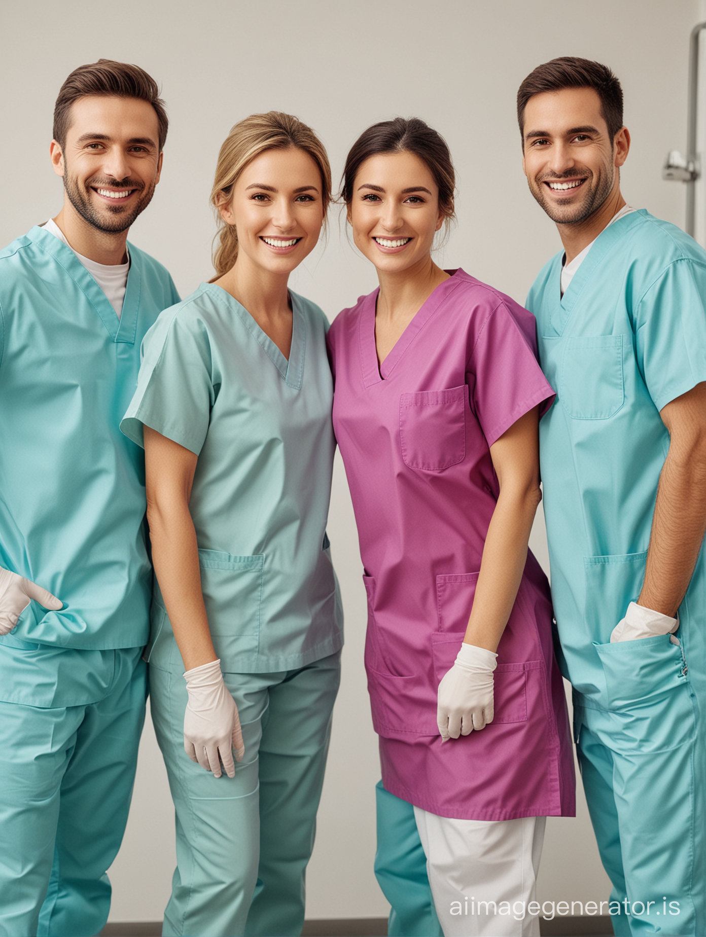 DENTISTRY TEAM DOCTORS AND NURSES. 4 PEOPLE smiling. THEY ARE standing. They have Diferrent color outfits
