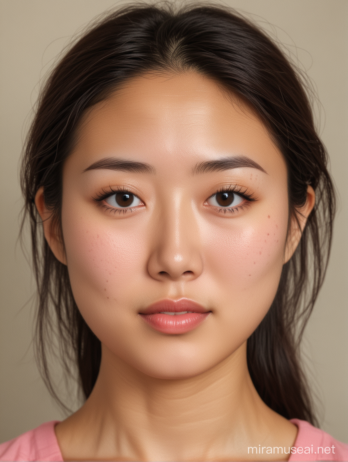一张30岁中国女人的证件照， 细长的眼睛，眉毛弯弯的， 嘴小，具有东方美，桃子形状的脸