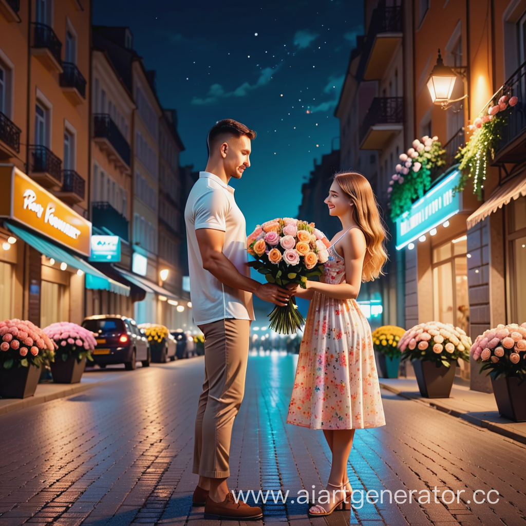 мужчина на фоне ночного города дарить большой букет цветов девушке одетой в летнее платье 