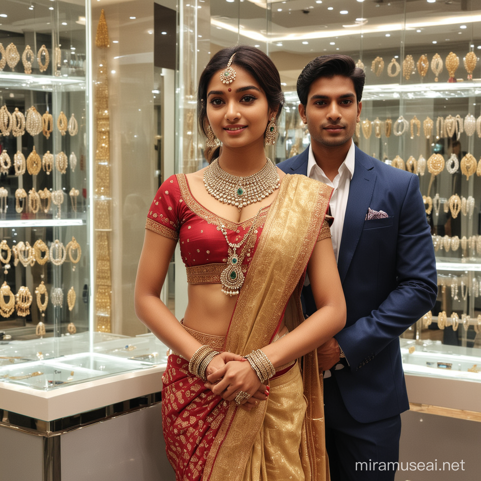 Young Indian beautiful lady and handsome man standing in a jewellery show room grand