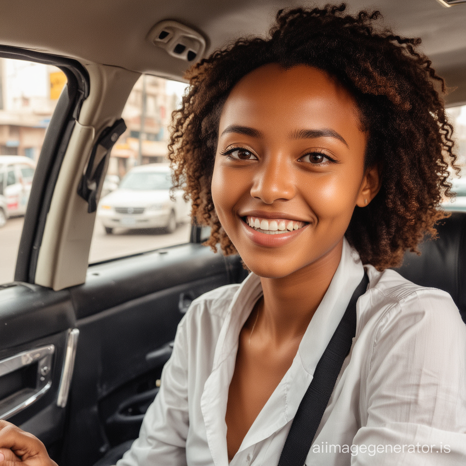 a beauty ethiopian girl inside uber taxi, and paying money, and smiling