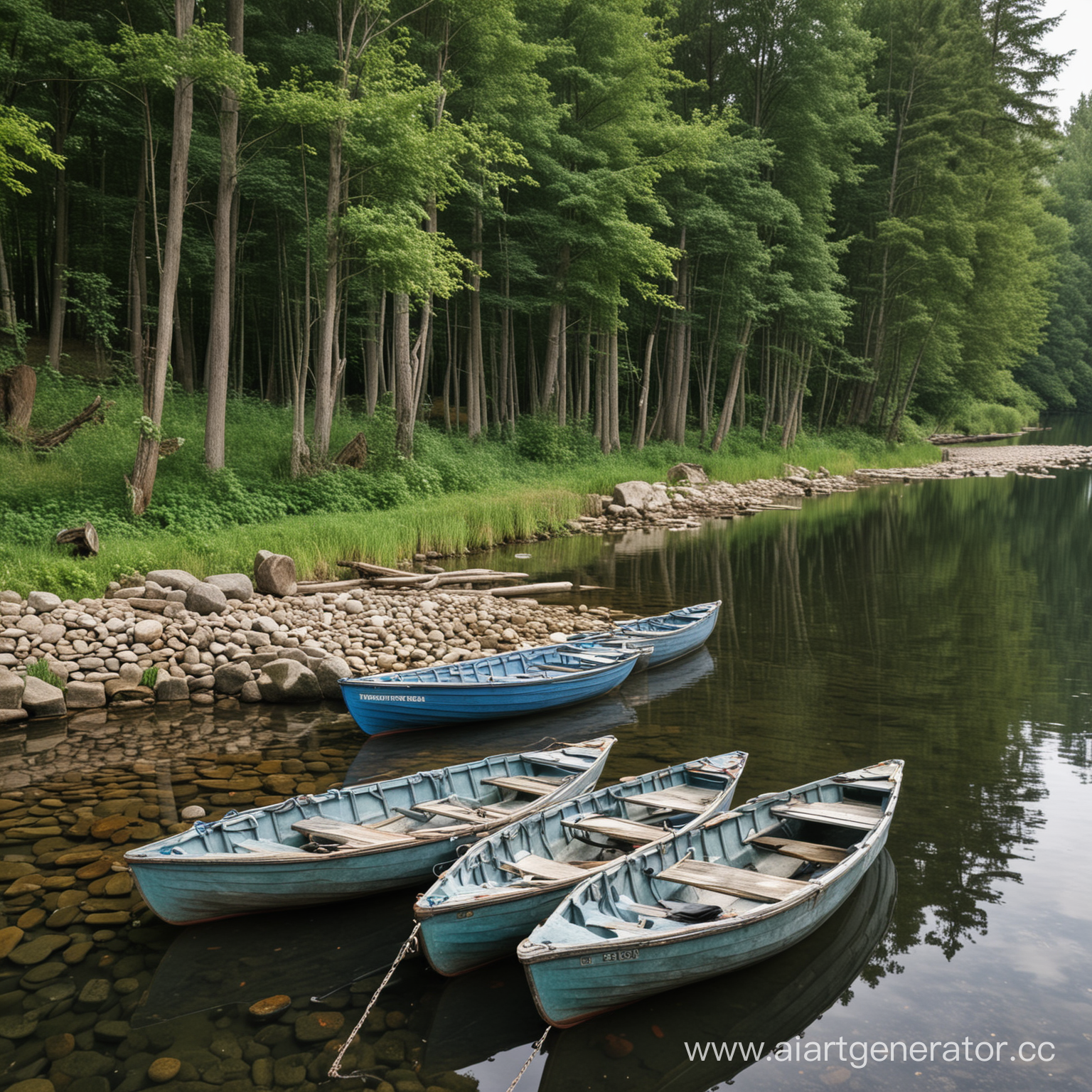 река, лес, каменная пристань. к причалу пришвартованы три небольшие весельные лодки. 