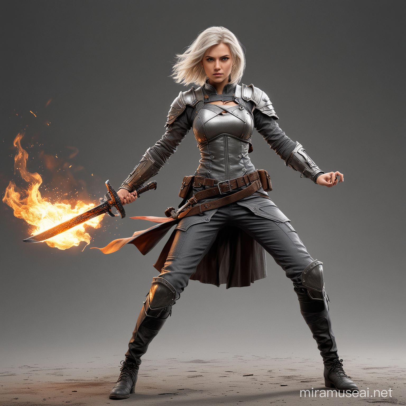 Photo realistic Pretty young tall, fit, short messy blonde gray hair, female spellsword, full body, in fighting stance, with fire powers, gray clothing 