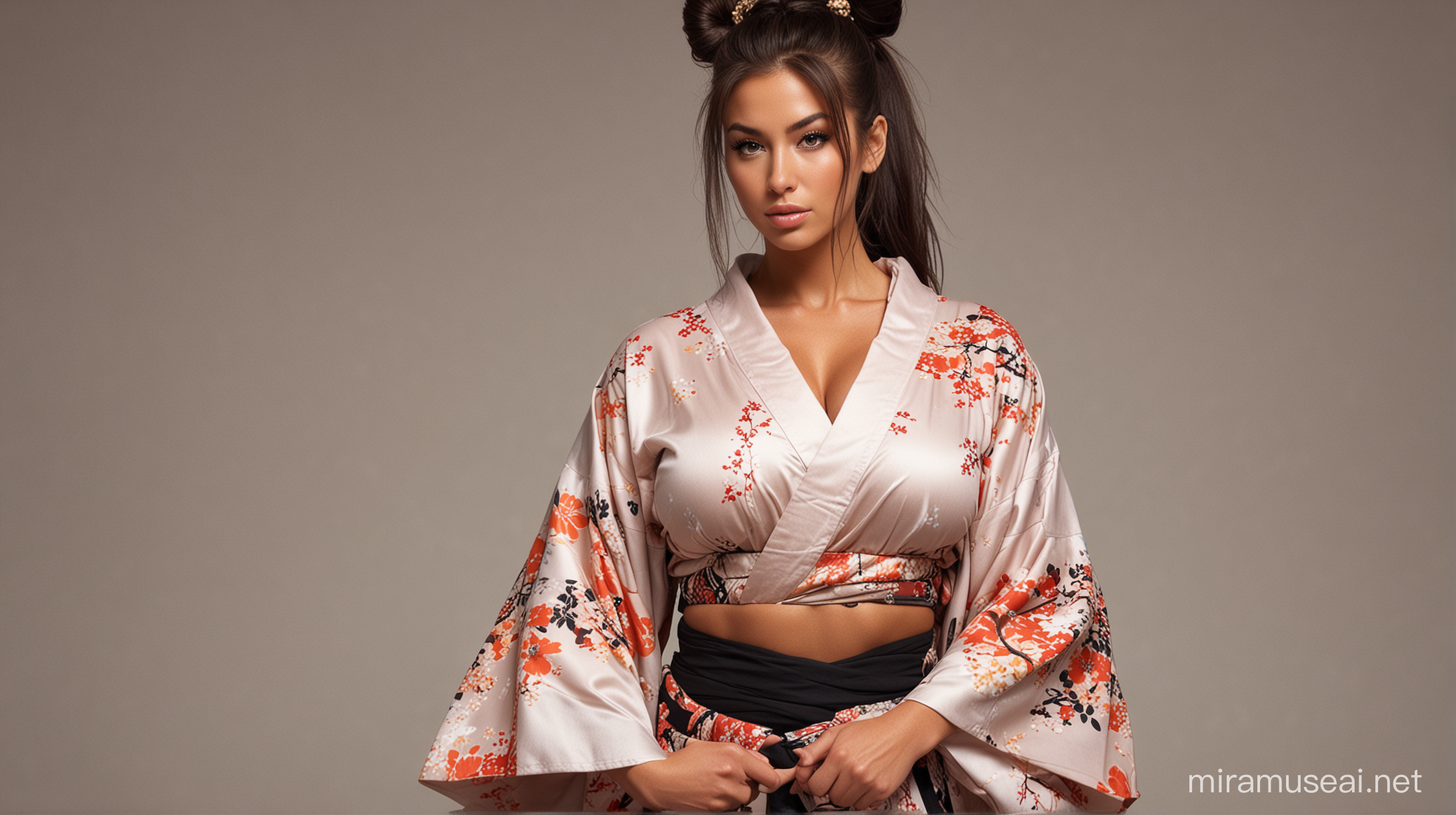 Seductive Giantess with Muscular Physique and Kimono Sleeves