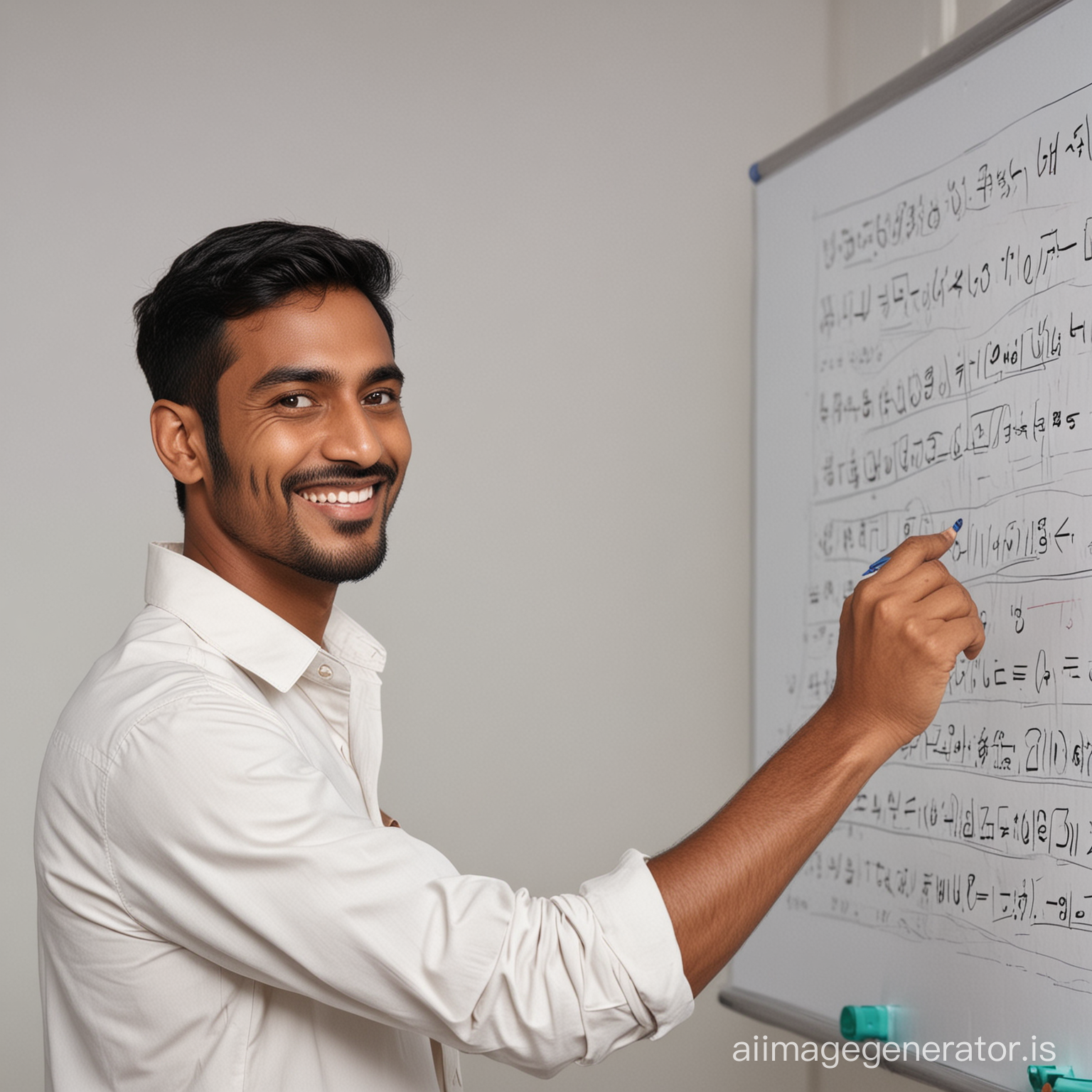 Smiling indian man in shirt teaching maths on whiteboard 