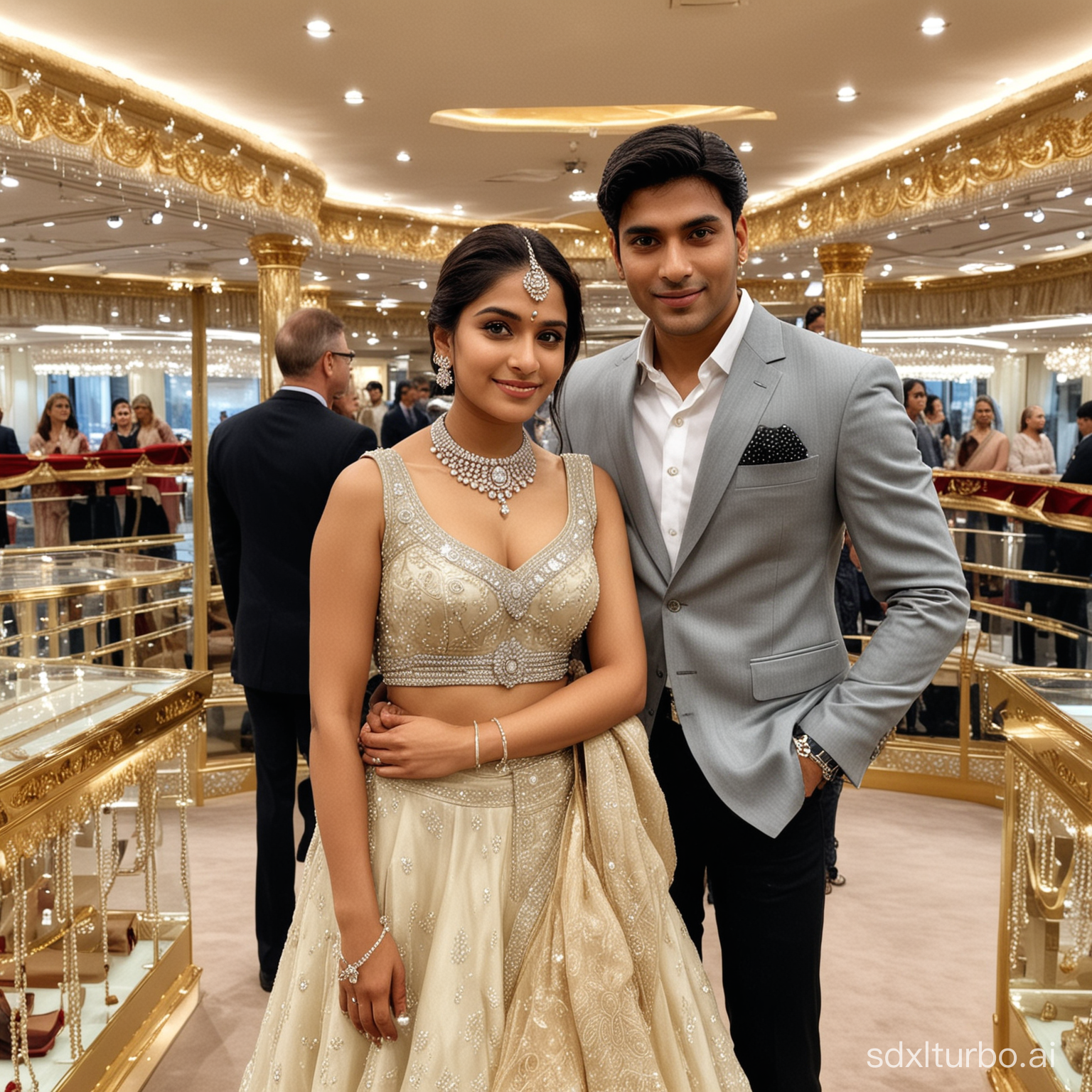 Young Indian beautiful lady and handsome man standing side by side in a diamond necklace jewellery show room grand inside a grand cruice ship

