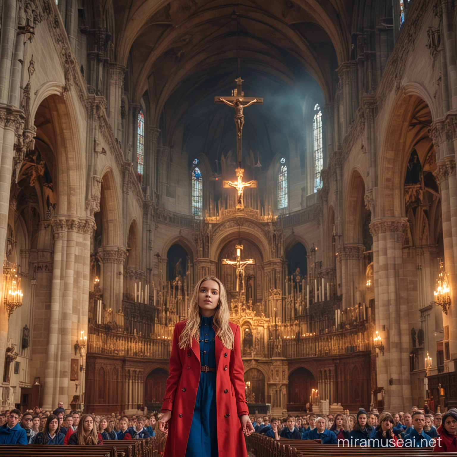 Divine Teenage Goddess Amidst Worshipers and Giant Church Crucifix
