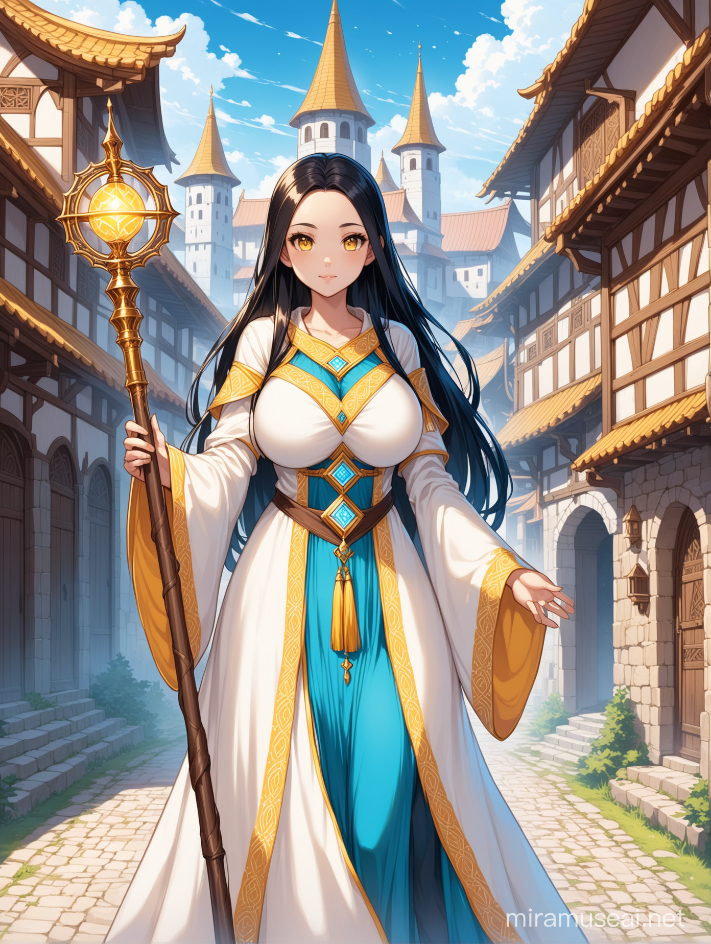 Character design, woman, narrow eyes, big breast size, straightened medium long black hair, side partitioned hair, big forehead , neutral light skin, square face, wearing a white fantasy rpg style priestess robe with blue and yellow intricate design, holding a magic staff, fantasy town background 