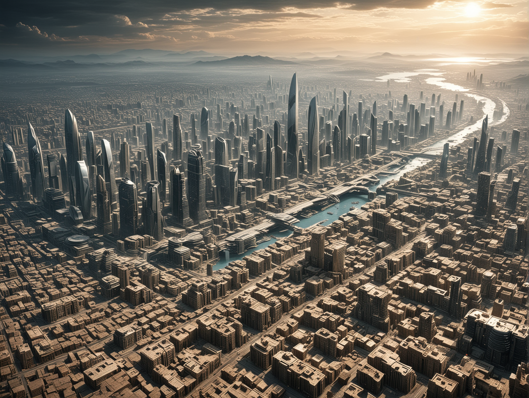 A City is built by using today's futuristic advanced modern technology and machines in the 3000 BC past.   