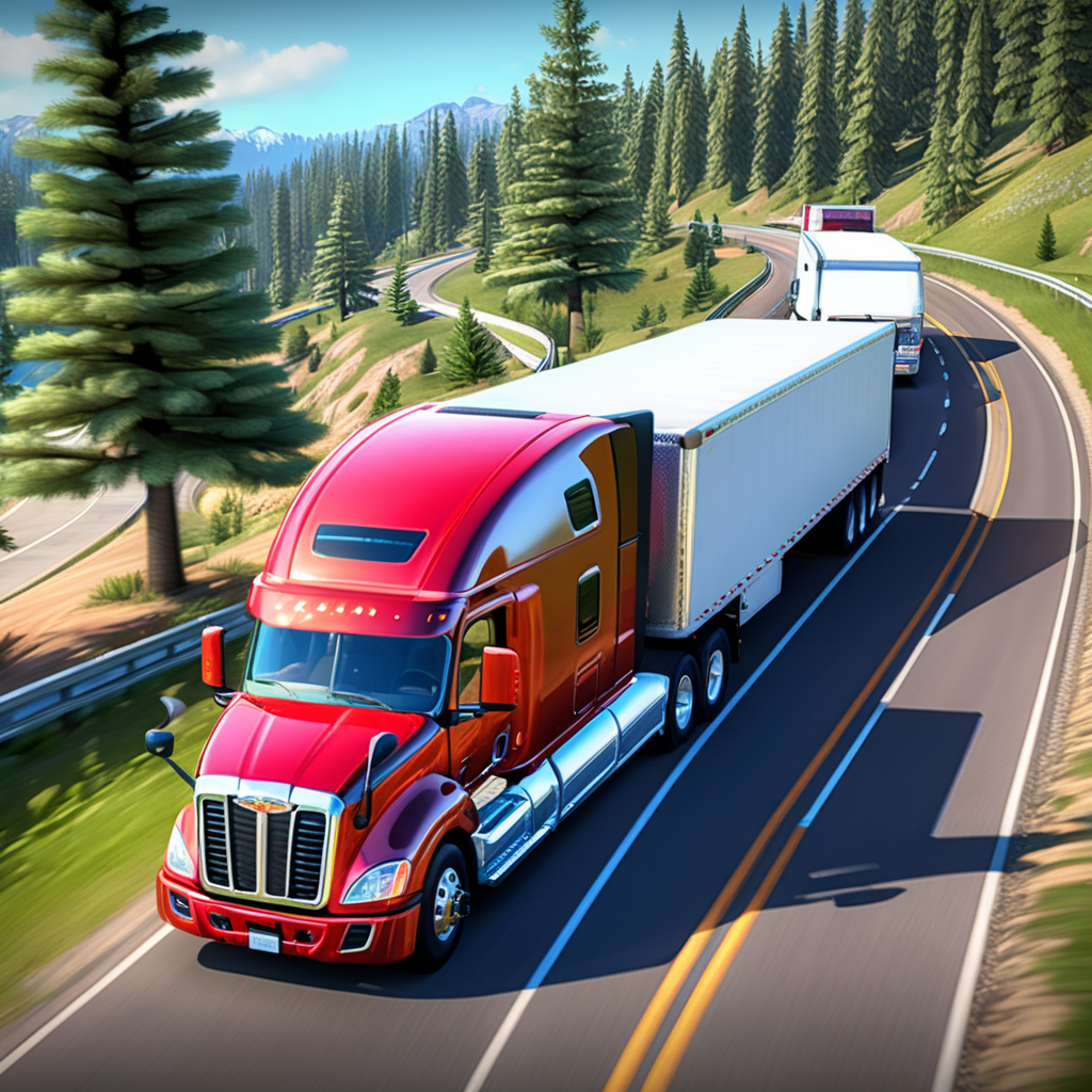 Red American Truck Driving on Curve Road Transporting Various Cargo