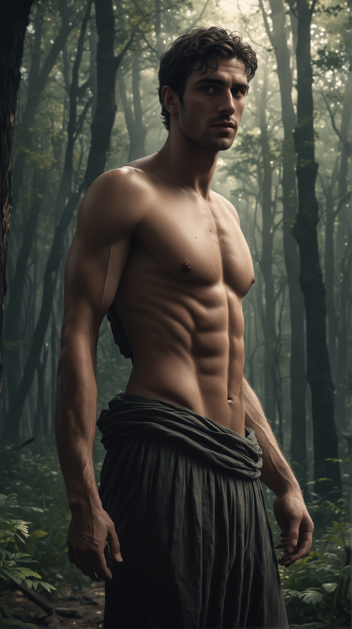 Picture a attractive and charming young man in his 30s in ancient Greece, standing in a forest.Hyper realistic.Create dark atmospheric images inspired by noir video games. 