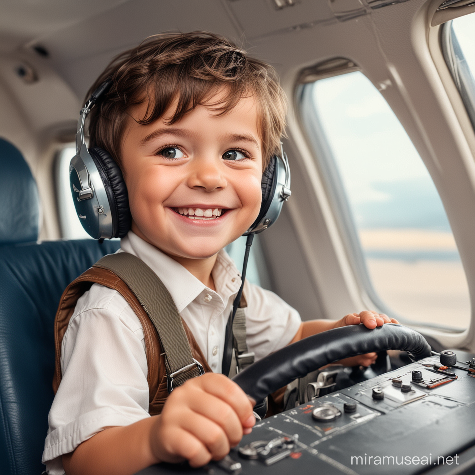 happy little kid driving yhe plane as if he was the pilot on a plane
