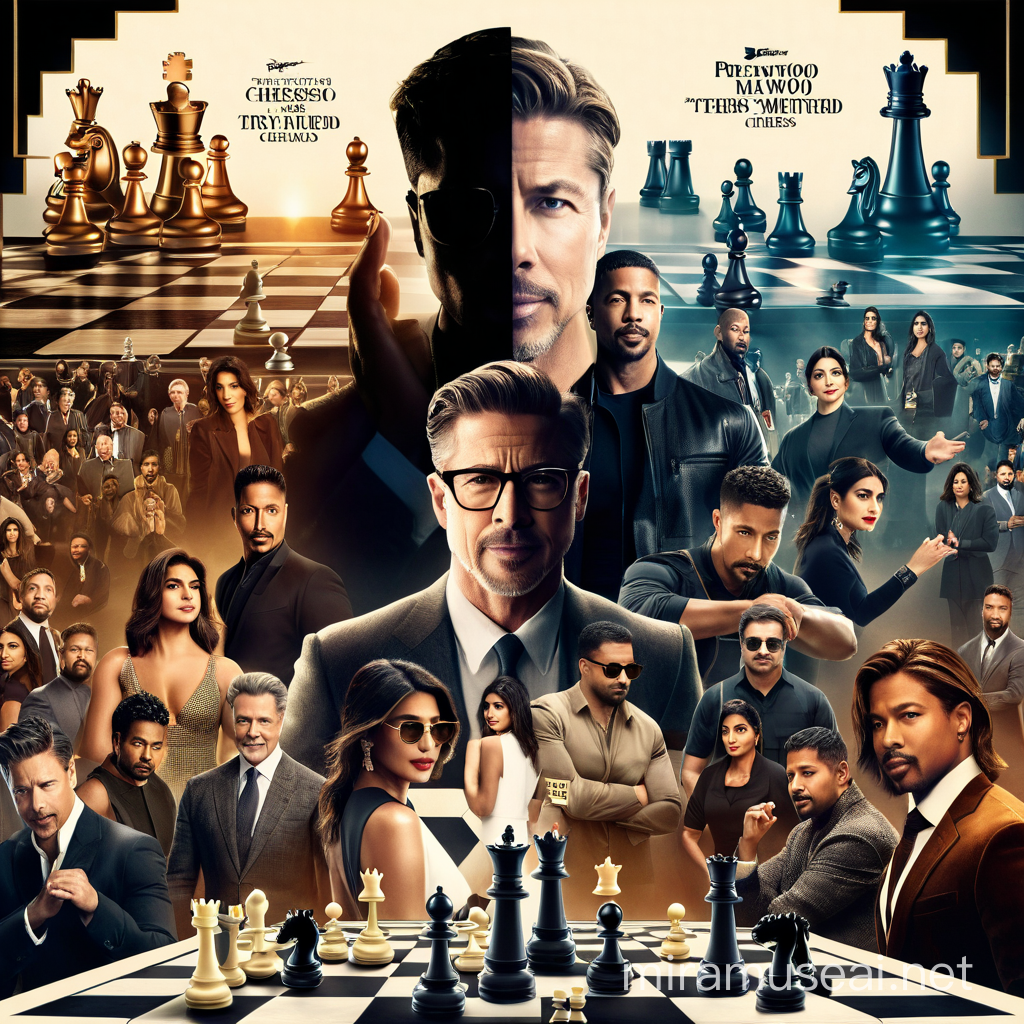 Create a movie poster similar to this with Hollywood and Bollywood actor Priyanka Chopra Jonas in the back replacing the woman currently there on screen. 
Hollywood Actor Brad Pitt should in the middle replacing the person in glasses.  
Actor Michael B Jordan is at the bottom standing on the chess board. He’s tormented by figures standing on the chessboard. 