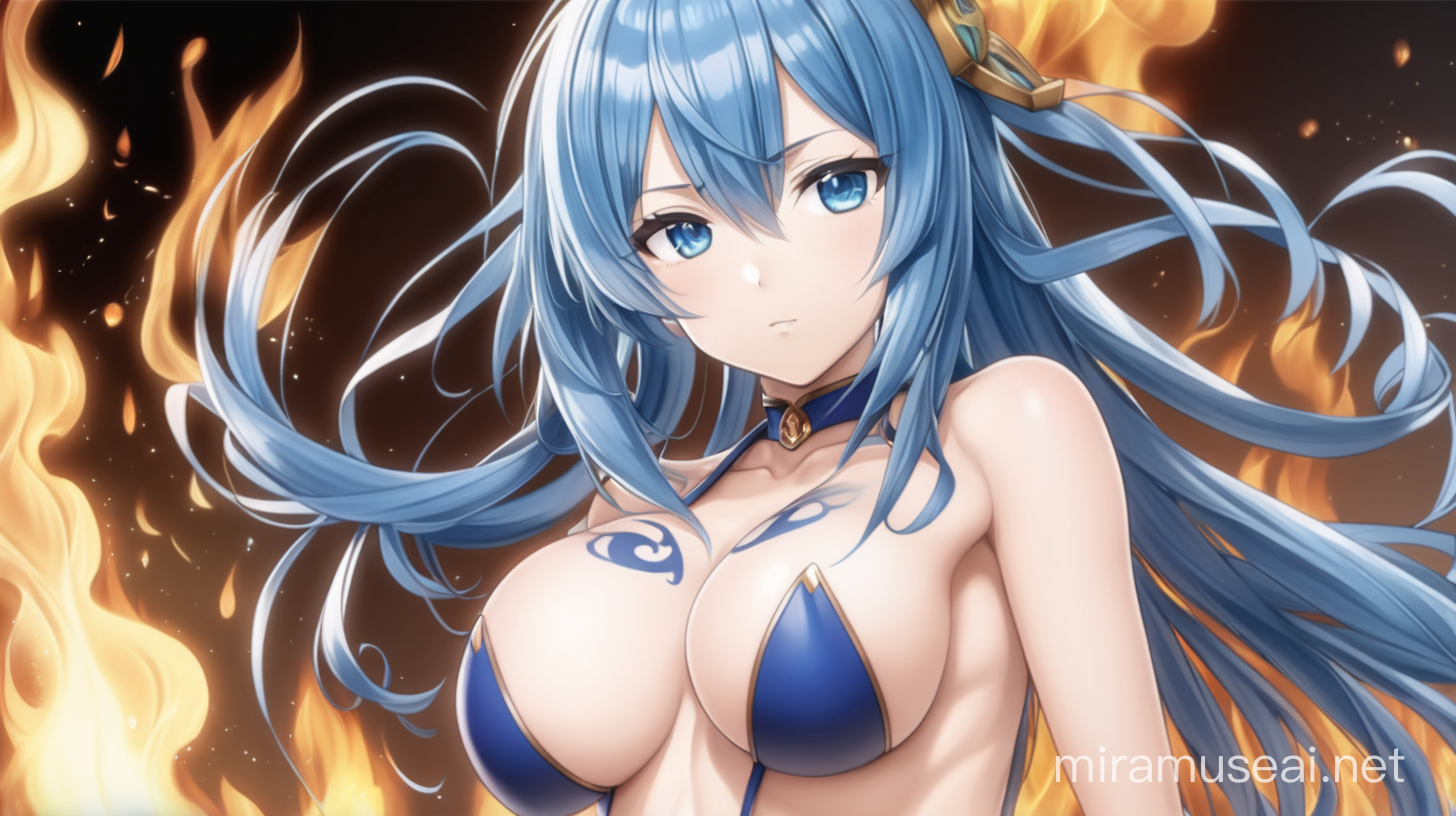Sultry Anime Girl Igniting in Blue Flames with Seductive Attire