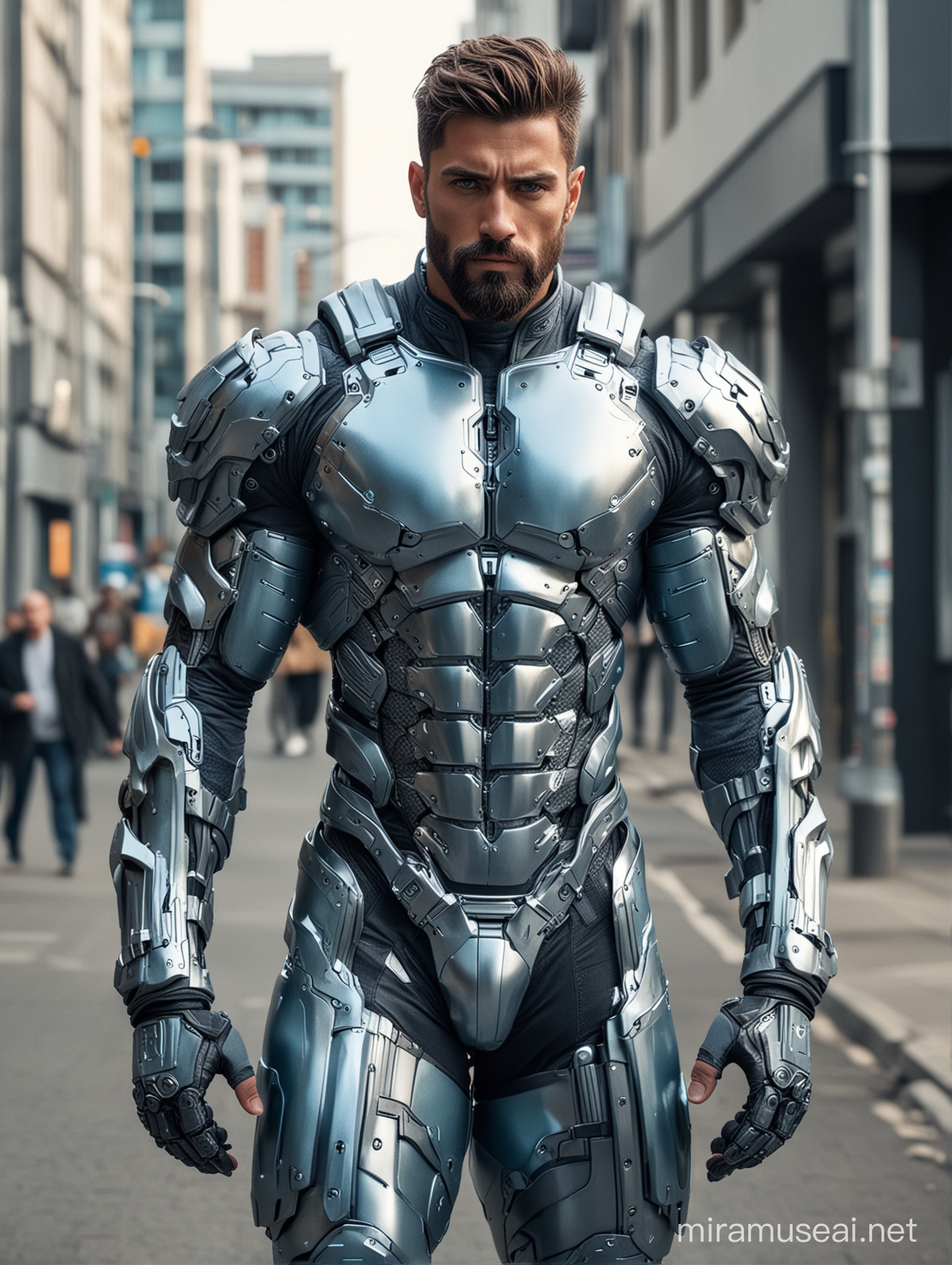 Tall and handsome bodybuilder men with beautiful hairstyle and beard with attractive eyes and Big wide shoulder and chest in sci-fi high Tech light blue and silver armour suit with firearms walking on street 
