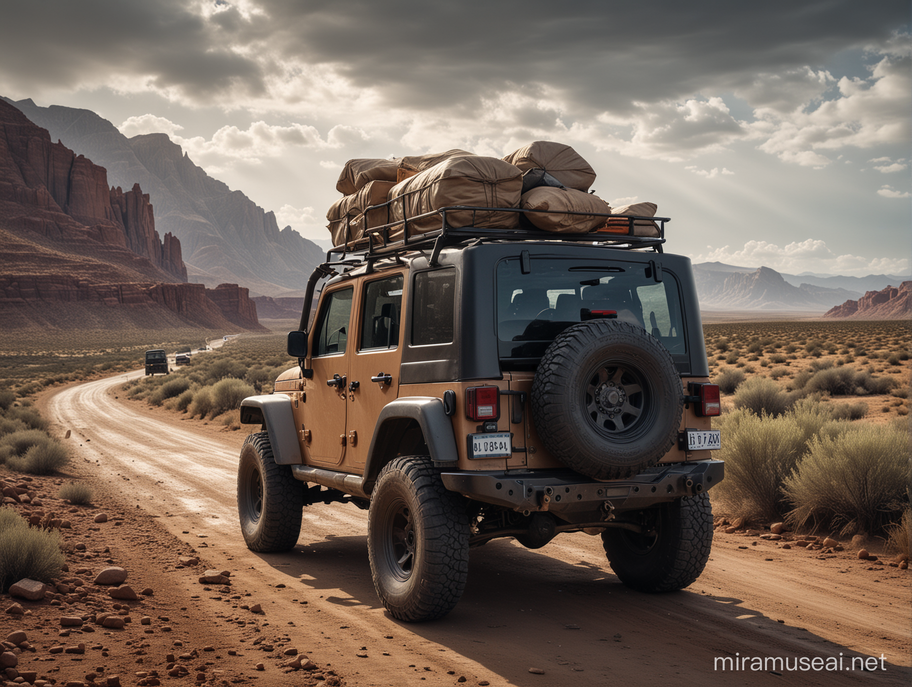 long shoot, realistic image of a Jeep Rubicon heading back home from a journey, as seen from the rear, with stacked belongings atop the vehicle. The scene should be set on a highway, with the typical vista of a toll road stretching into the distance. Capture the essence of a journey concluding, with the Jeep carrying memories of adventures embarked upon, lightroom effects, hyperrealistic, real faces. Ultra HDR resolution, true and strong colors.