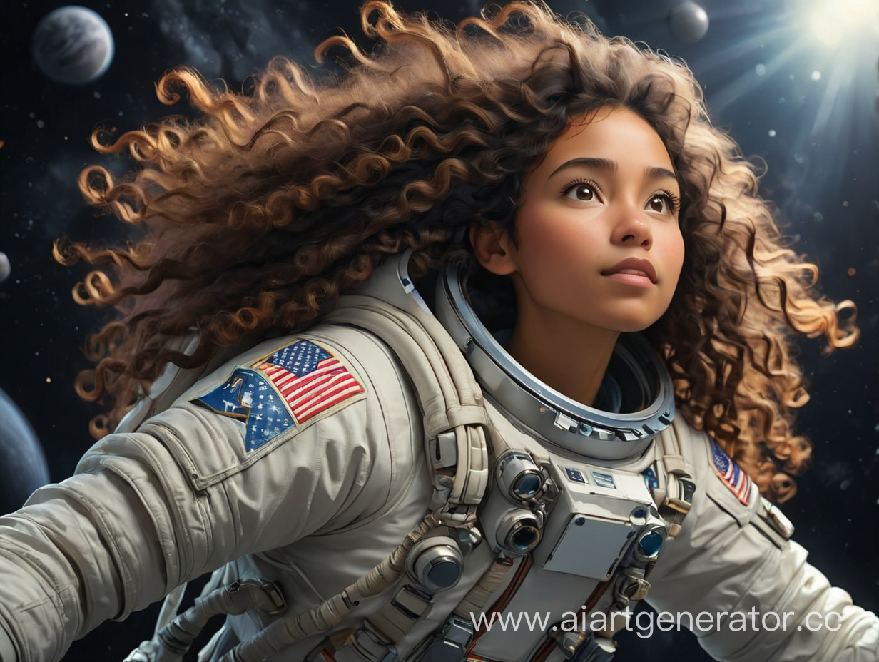  native American Female astronaut with curly hair floating in deep space