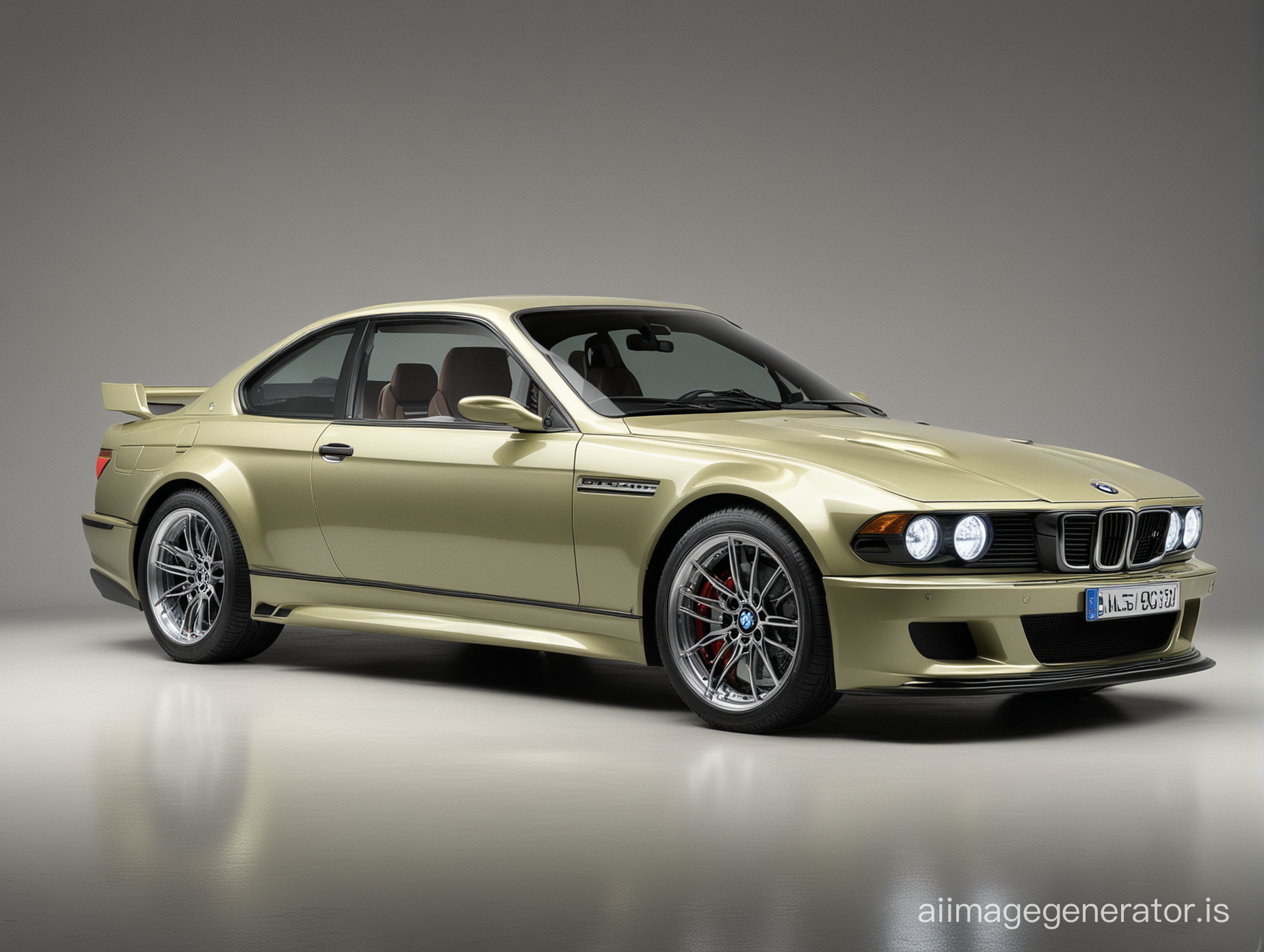 2024 version of the BMW 3.0 CSL, taking design elements from current BMWs. Modern Showroom photograph. Realistic photograph