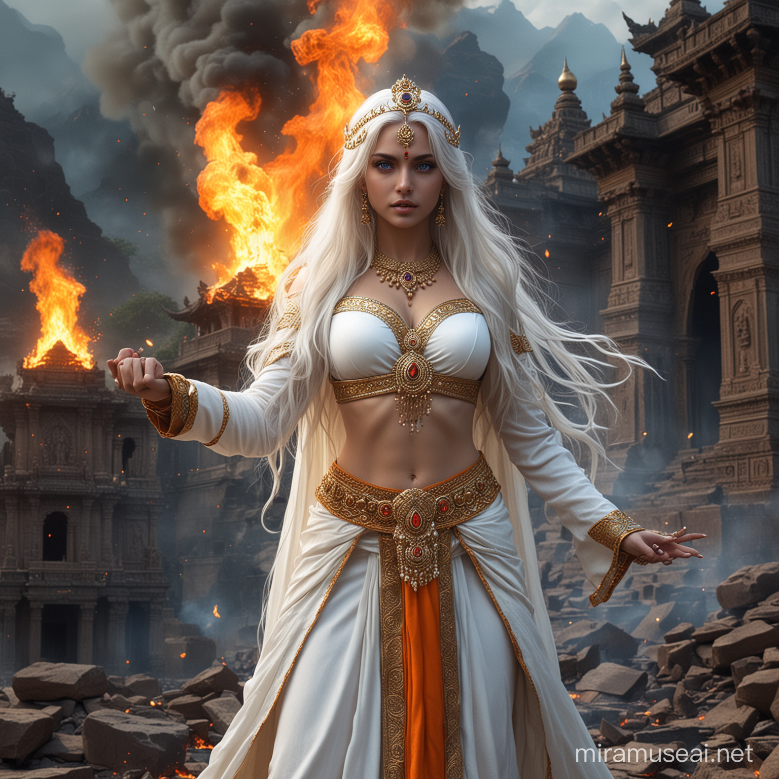 Powerful Hindu Empress Kayashiel Commanding Fire in Battle
