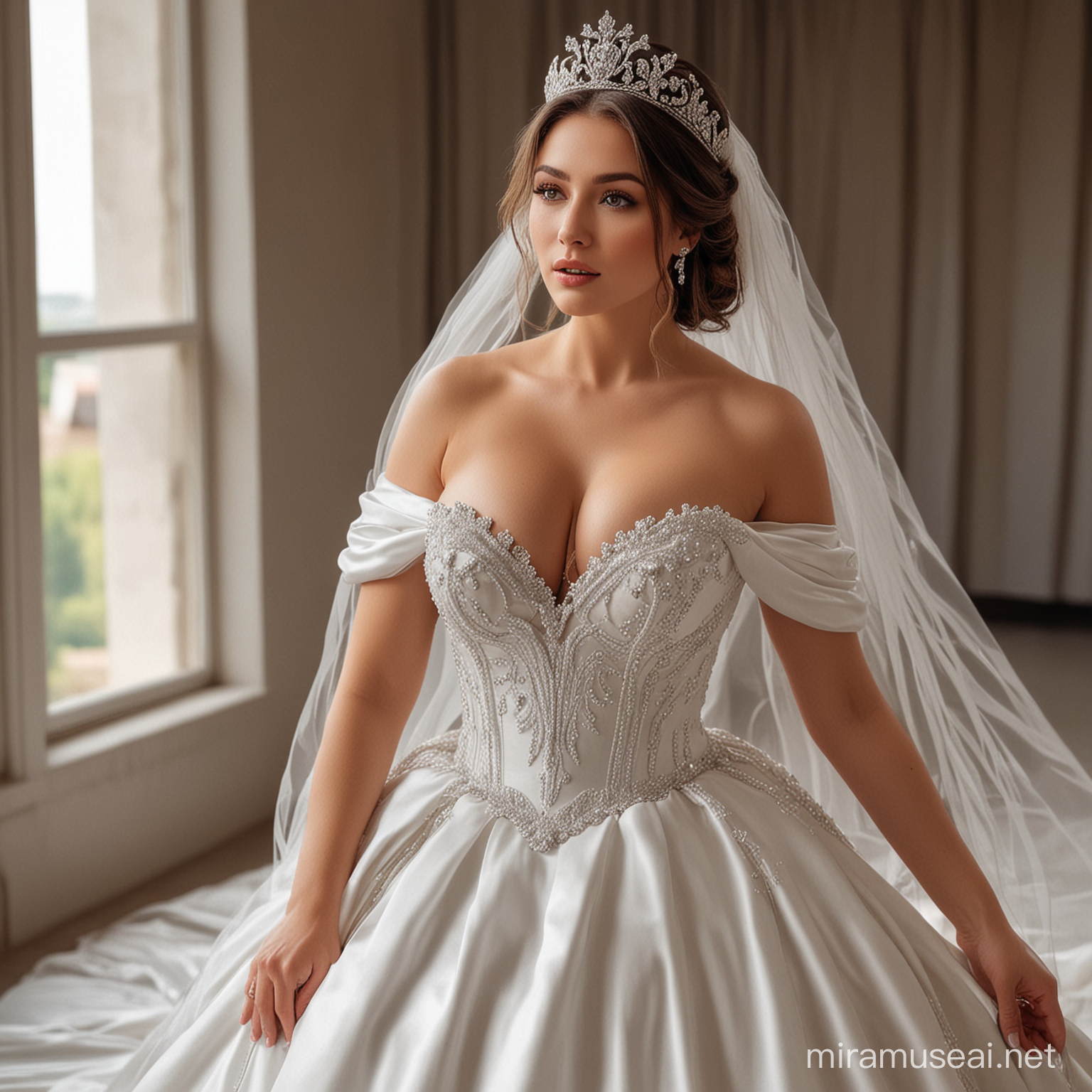 admiring the beauty of this masterpiece, a stunning hot woman with big breast and white wedding dress wearing crown.
