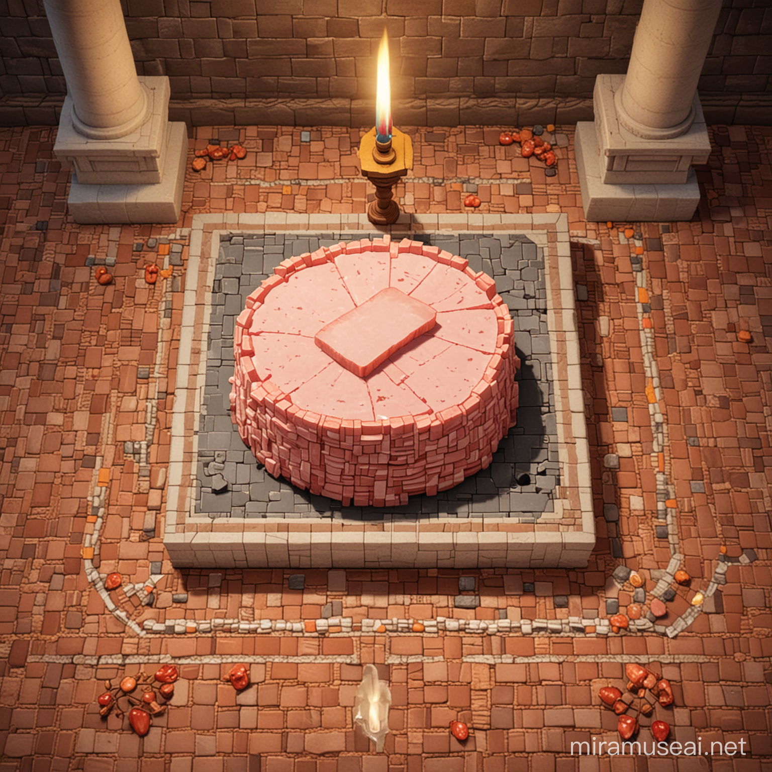 a pixel sprite of a ham slice
in the middle of a altar
