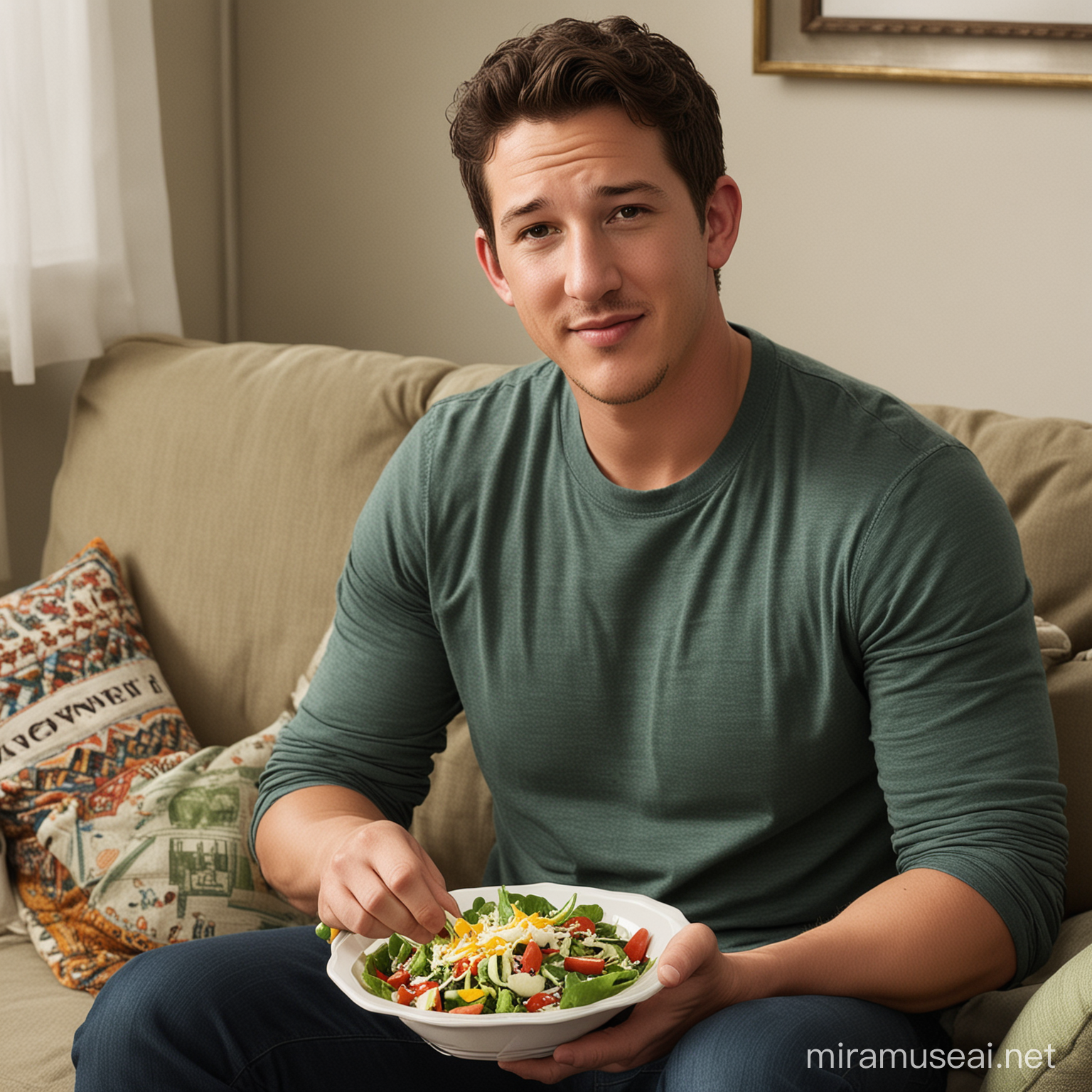 miles teller sitting on a couch at home eating a salad with Newman's Own salad dressing
