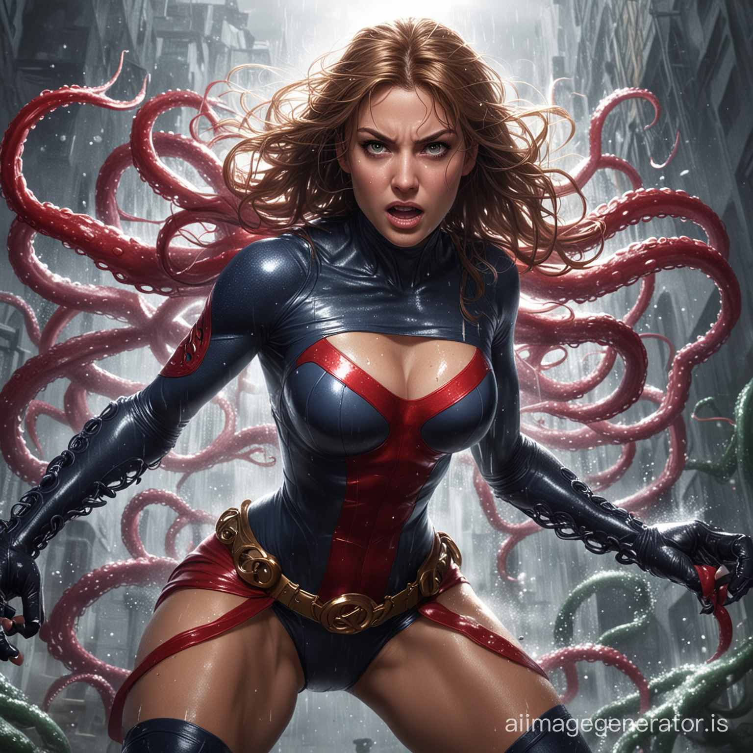 superheroine overpowered by tentacles and sweating