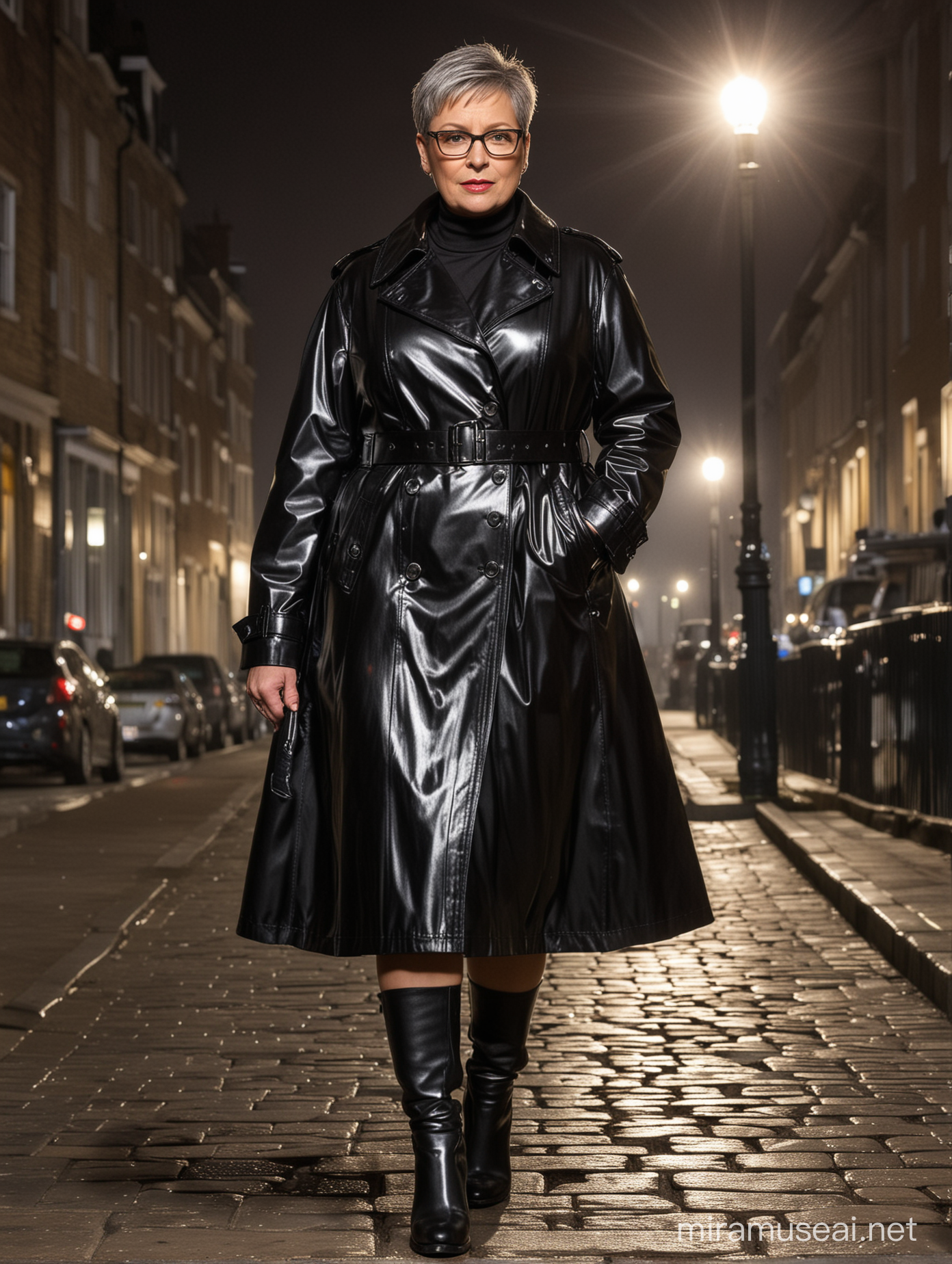 Confident Mature Woman in Shiny Black PVC Trench Coat Walking at Night